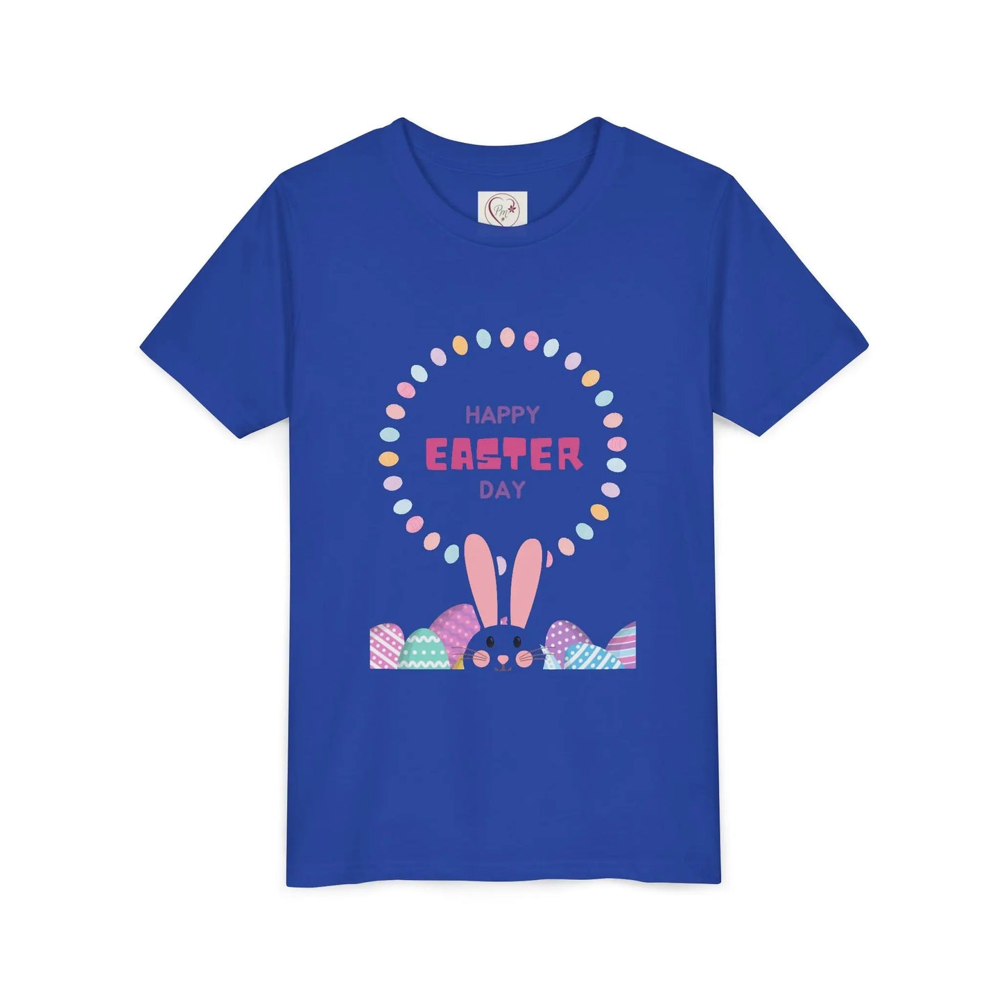 Soft cotton youth tee with Happy Easter pastel lettering, bunny ears, and decorated eggs. Perfect for egg hunts and spring celebrations. Sizes S-XL. True Royal