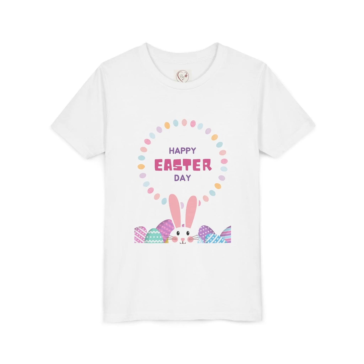 Soft cotton youth tee with Happy Easter pastel lettering, bunny ears, and decorated eggs. Perfect for egg hunts and spring celebrations. Sizes S-XL. White
