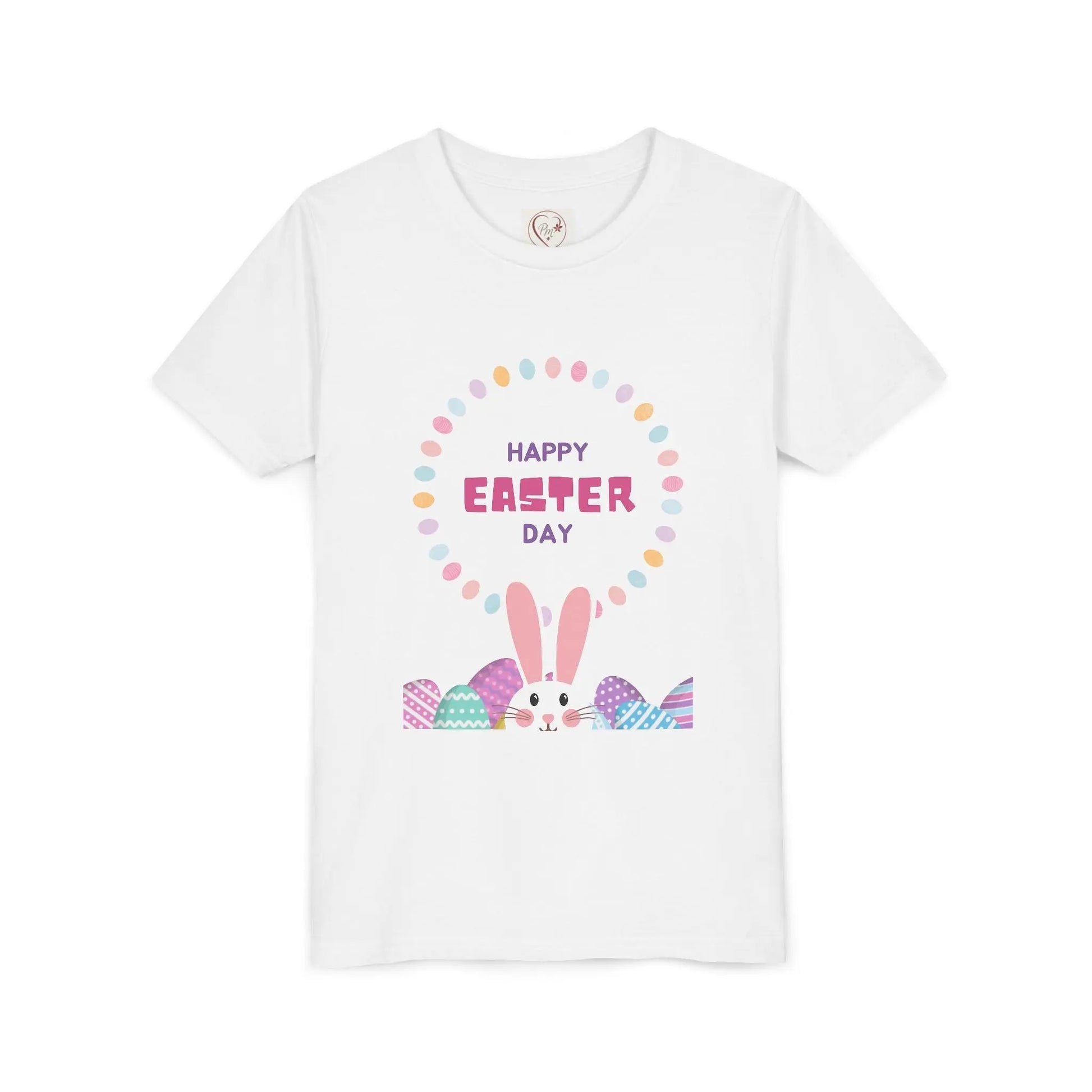 Soft cotton youth tee with Happy Easter pastel lettering, bunny ears, and decorated eggs. Perfect for egg hunts and spring celebrations. Sizes S-XL. White