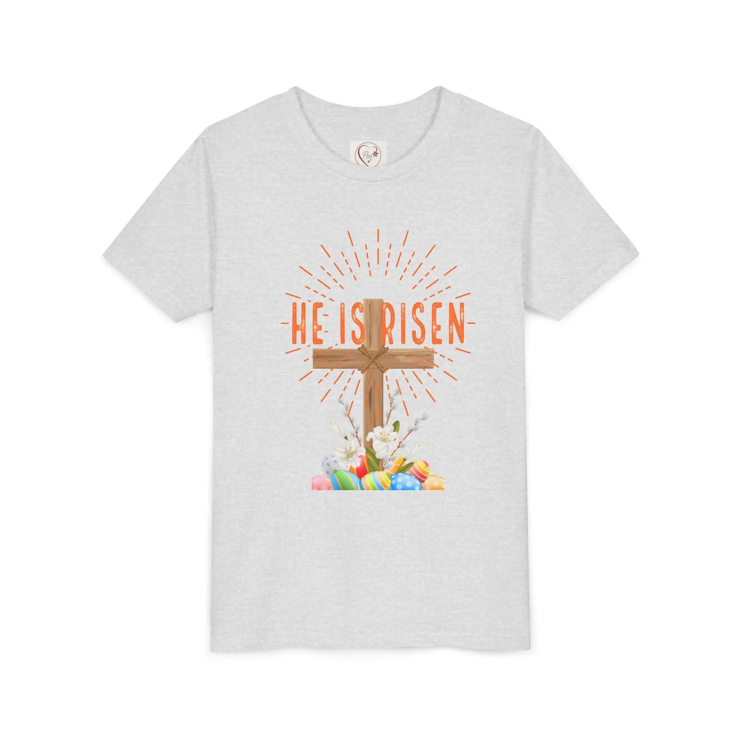 Soft cotton youth tee with wooden cross, lilies, and Happy Easter message. Perfect for church, egg hunts, and Easter celebrations. Sizes S-XL. Ash
