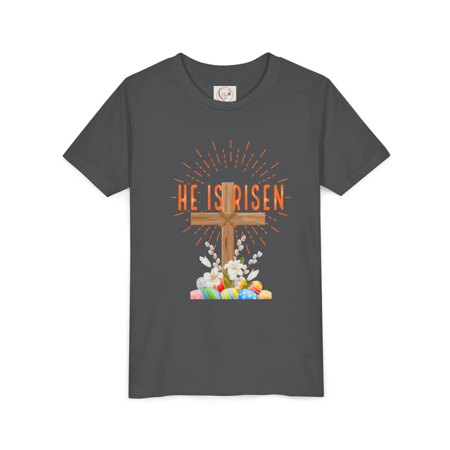 Soft cotton youth tee with wooden cross, lilies, and Happy Easter message. Perfect for church, egg hunts, and Easter celebrations. Sizes S-XL. Asphalt