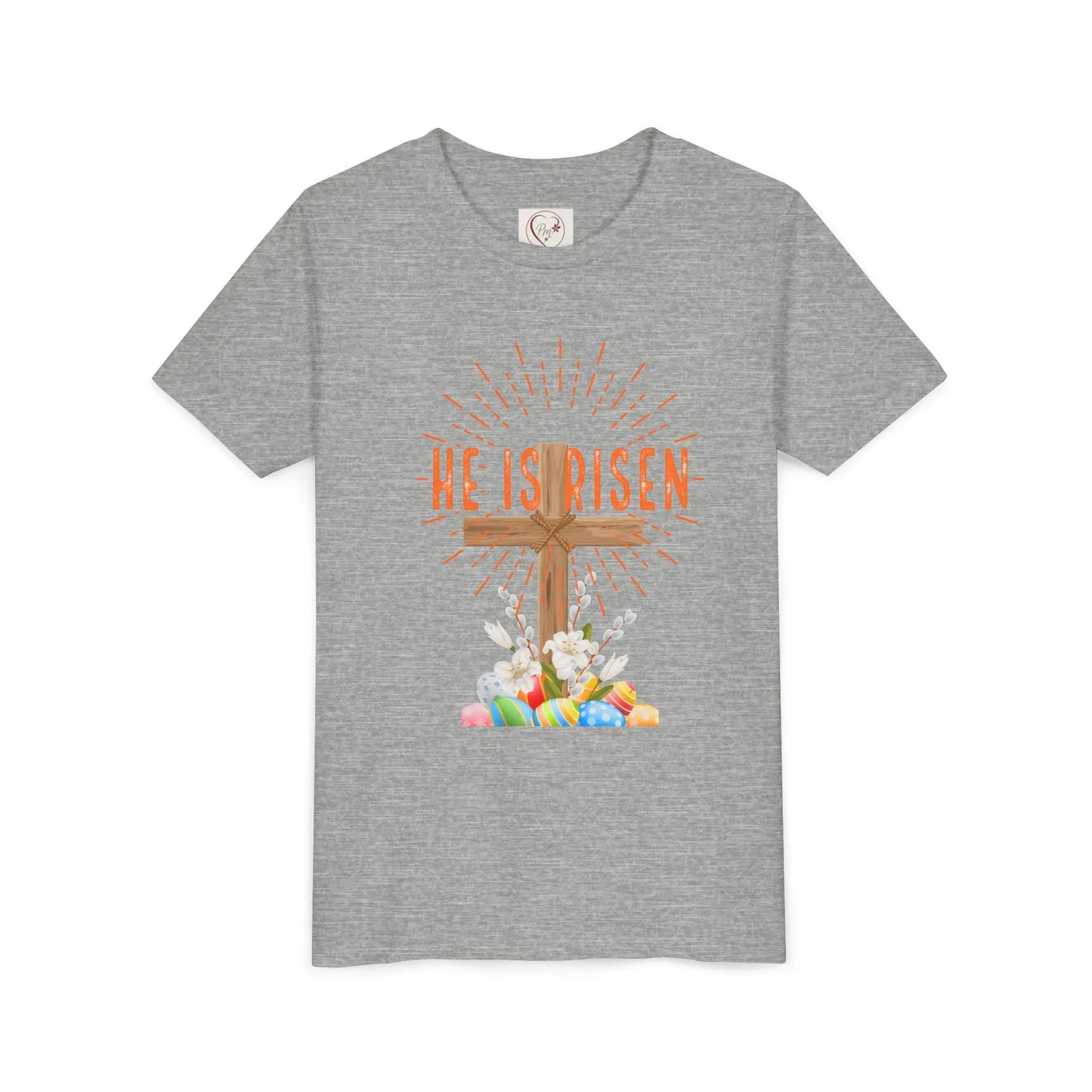 Soft cotton youth tee with wooden cross, lilies, and Happy Easter message. Perfect for church, egg hunts, and Easter celebrations. Sizes S-XL. Athletic Heather
