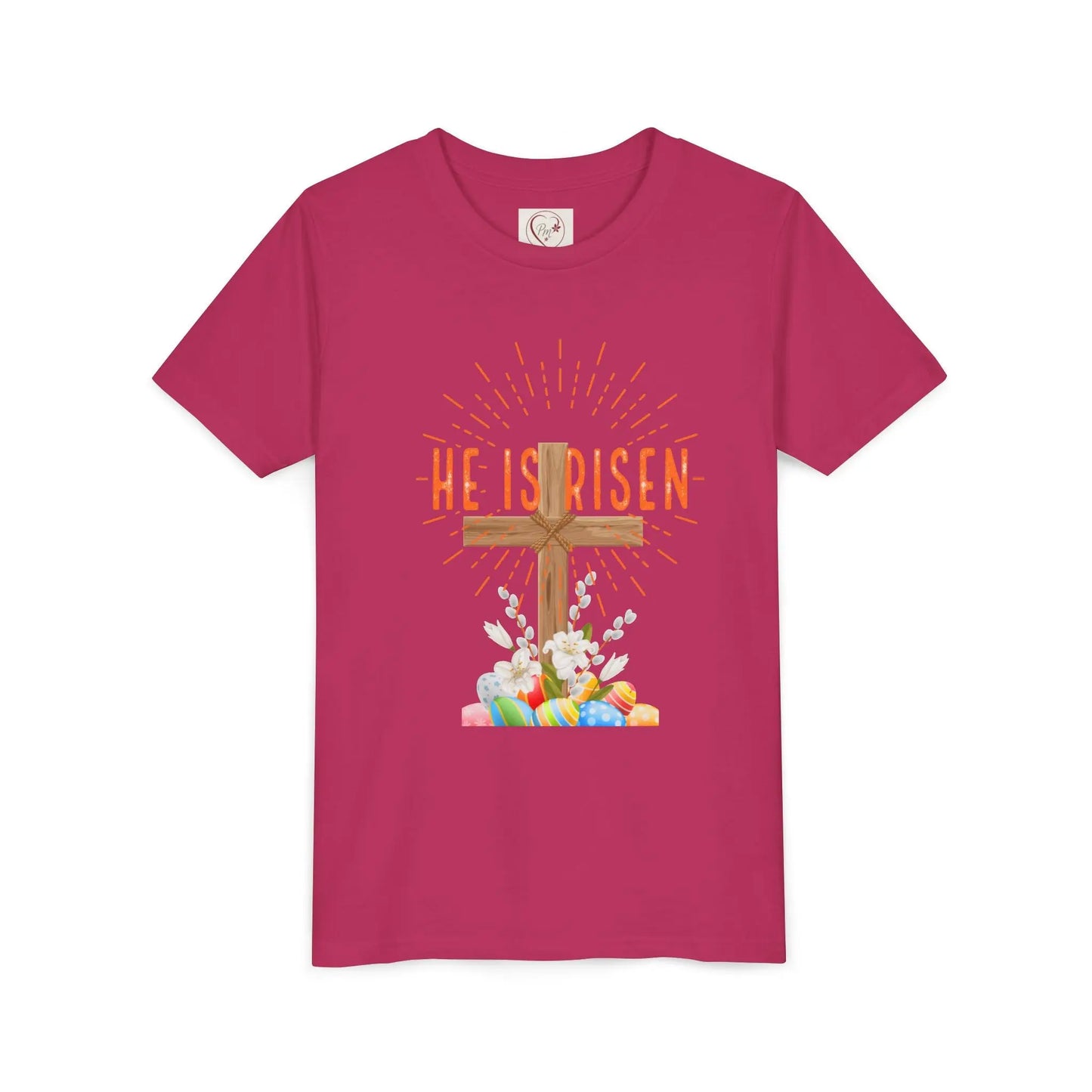 Soft cotton youth tee with wooden cross, lilies, and Happy Easter message. Perfect for church, egg hunts, and Easter celebrations. Sizes S-XL. Berry
