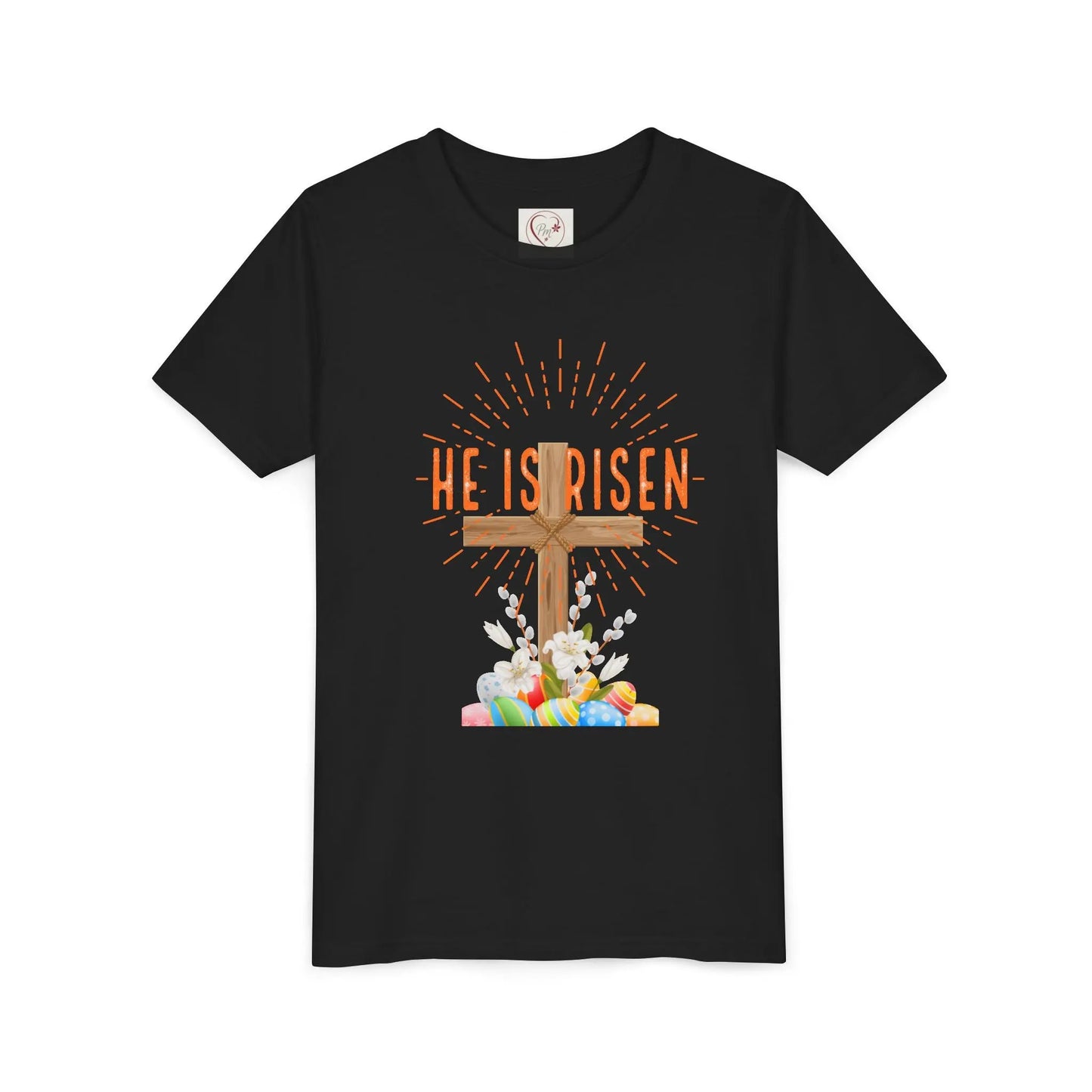 Soft cotton youth tee with wooden cross, lilies, and Happy Easter message. Perfect for church, egg hunts, and Easter celebrations. Sizes S-XL. black
