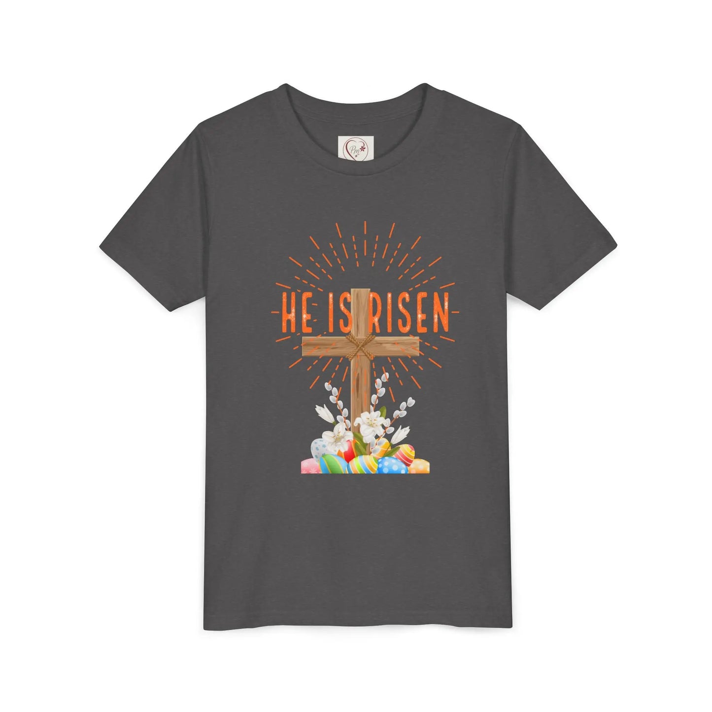 Soft cotton youth tee with wooden cross, lilies, and Happy Easter message. Perfect for church, egg hunts, and Easter celebrations. Sizes S-XL. Dark Heather Grey
