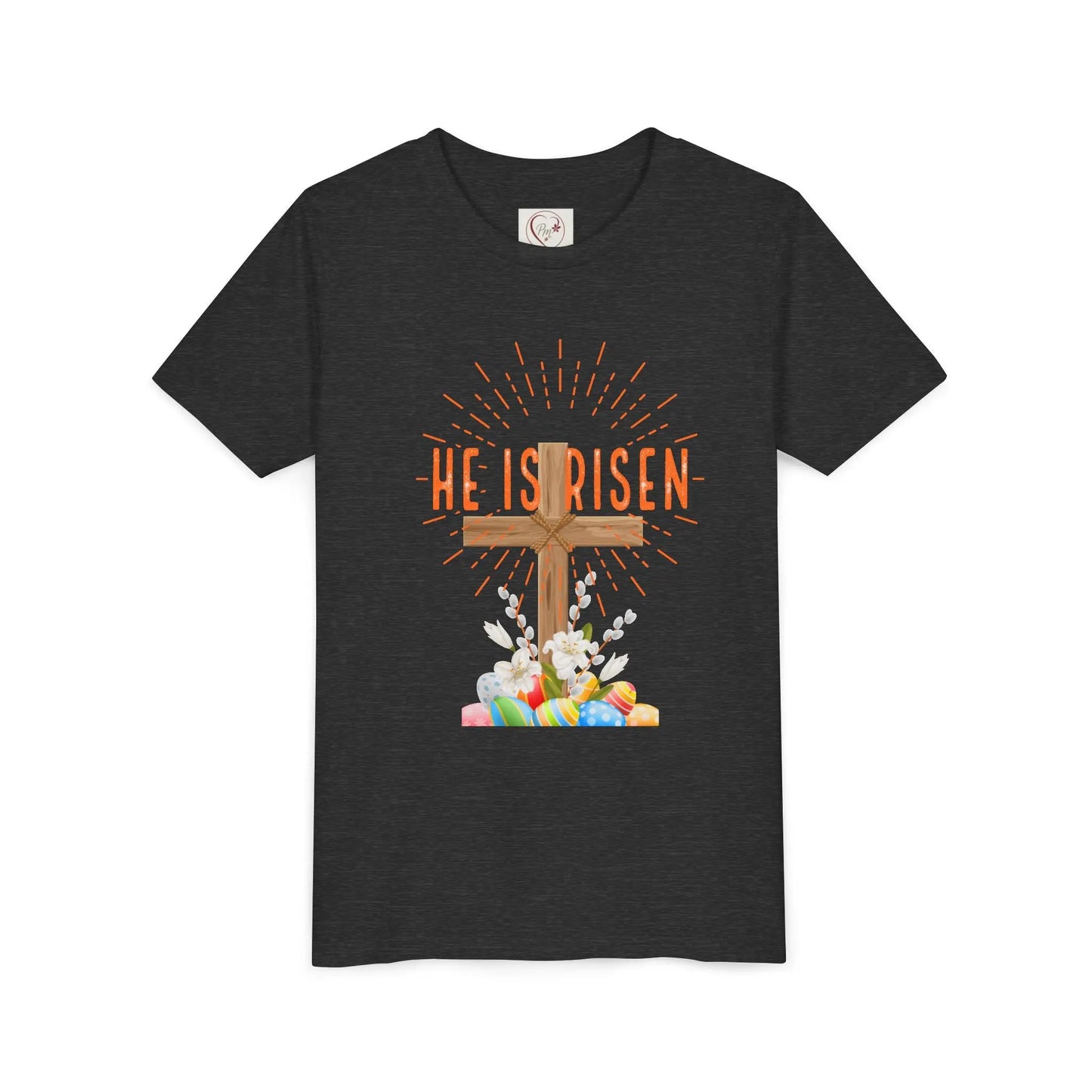 Soft cotton youth tee with wooden cross, lilies, and Happy Easter message. Perfect for church, egg hunts, and Easter celebrations. Sizes S-XL. Dark Grey Heather
