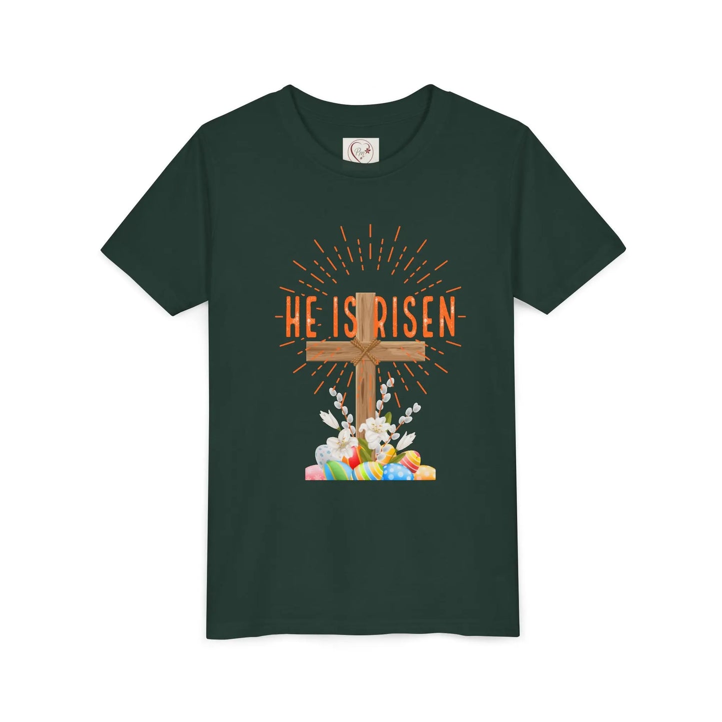 Soft cotton youth tee with wooden cross, lilies, and Happy Easter message. Perfect for church, egg hunts, and Easter celebrations. Sizes S-XL. Forest
