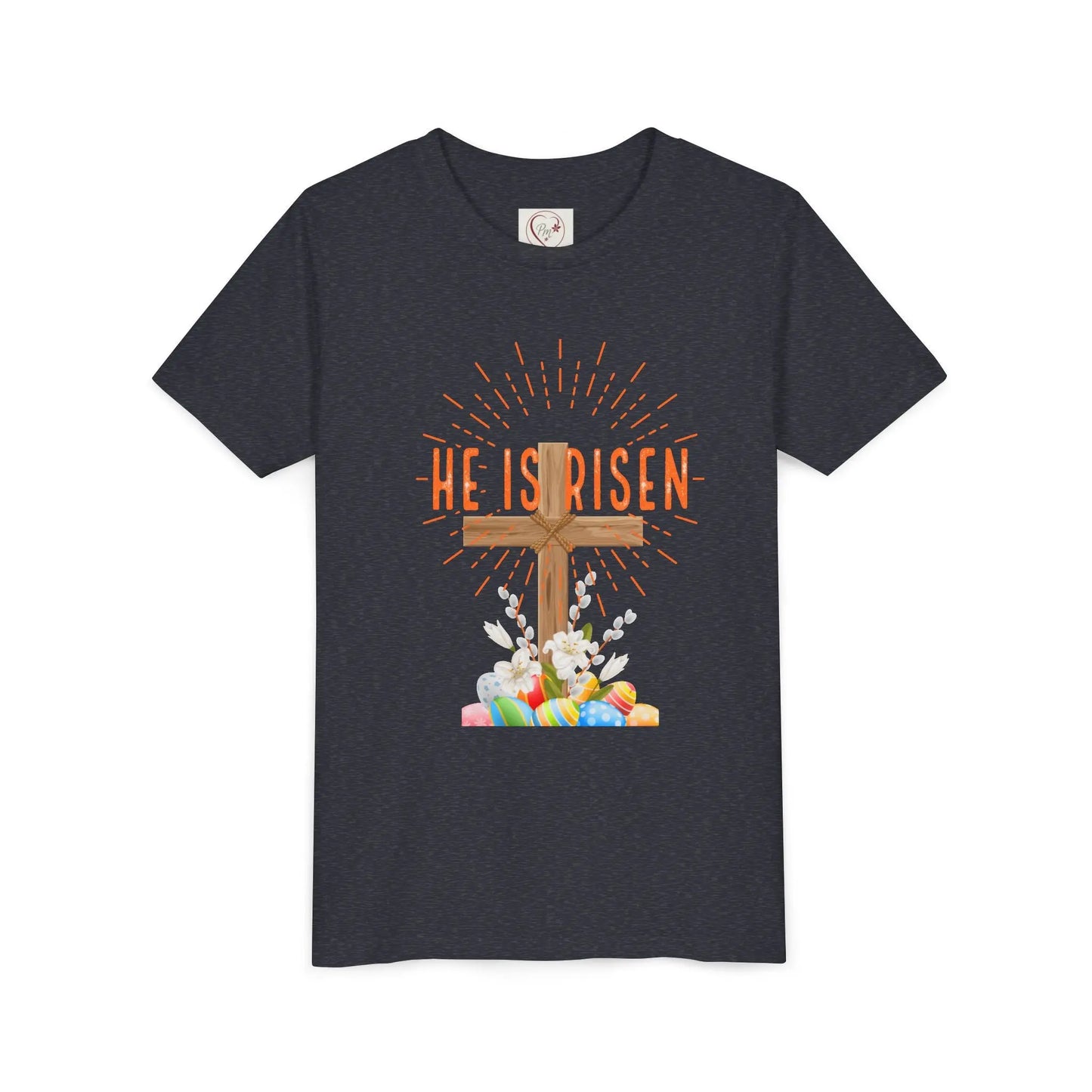 Soft cotton youth tee with wooden cross, lilies, and Happy Easter message. Perfect for church, egg hunts, and Easter celebrations. Sizes S-XL. Heather Navy

