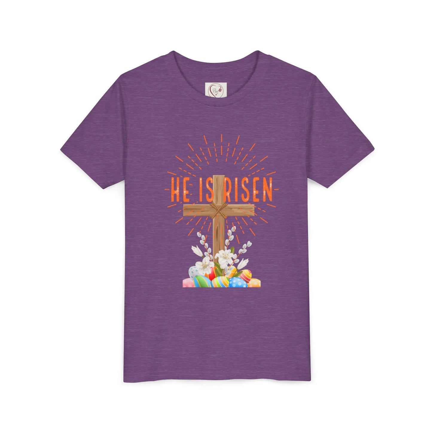 Soft cotton youth tee with wooden cross, lilies, and Happy Easter message. Perfect for church, egg hunts, and Easter celebrations. Sizes S-XL. Heather Team Purple