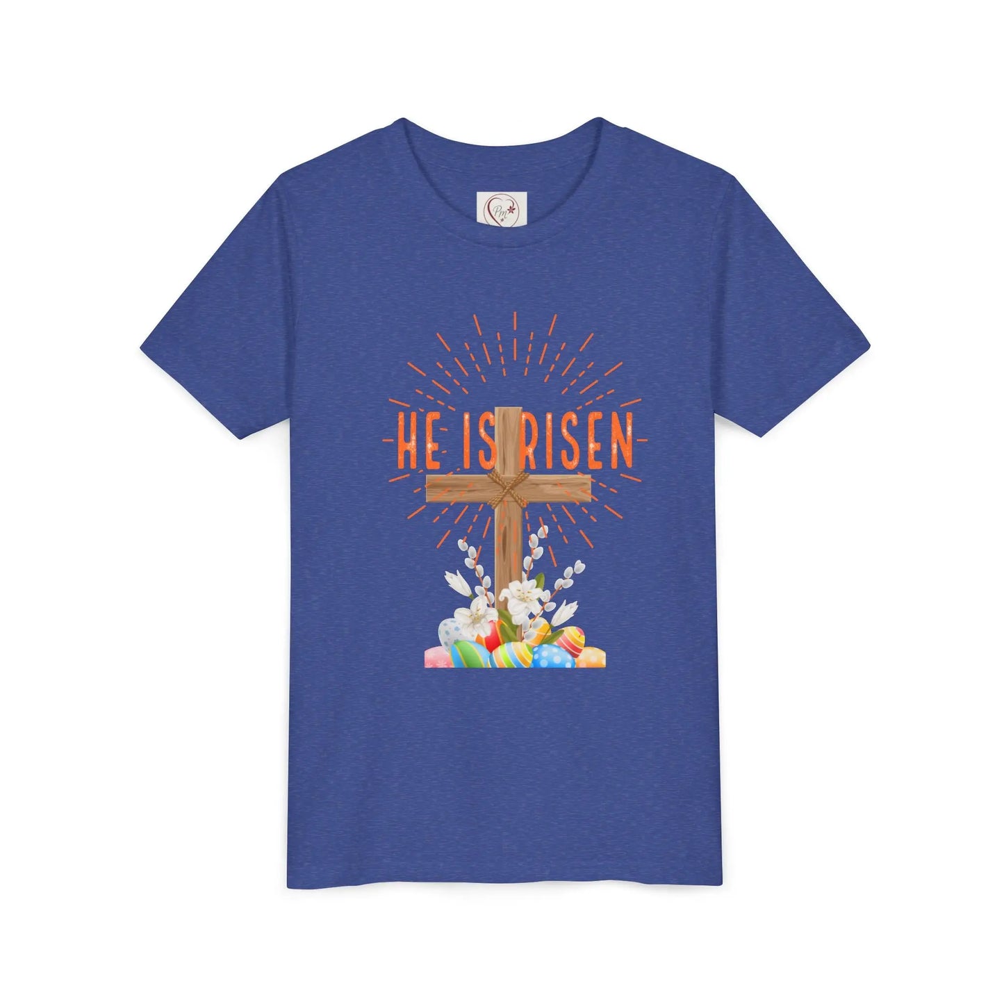 Soft cotton youth tee with wooden cross, lilies, and Happy Easter message. Perfect for church, egg hunts, and Easter celebrations. Sizes S-XL. Heather True Royal
