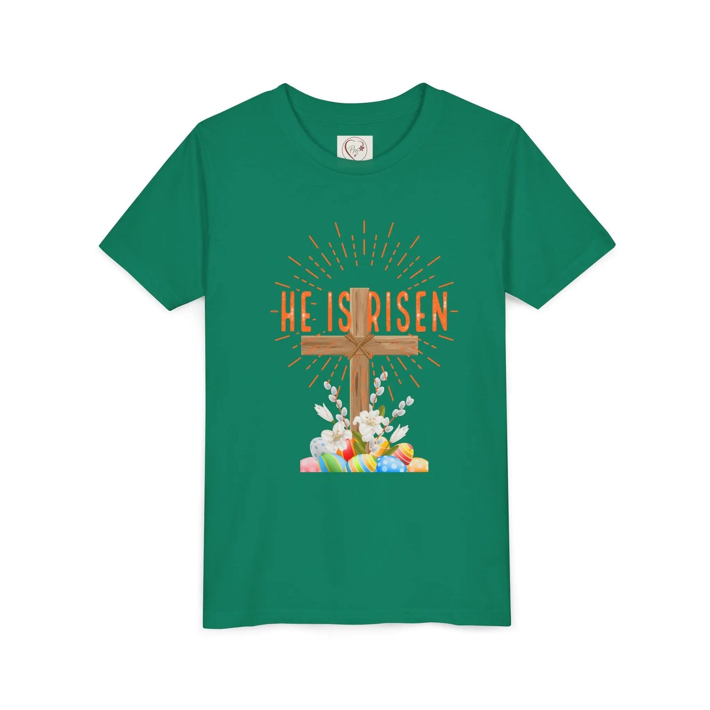 Soft cotton youth tee with wooden cross, lilies, and Happy Easter message. Perfect for church, egg hunts, and Easter celebrations. Sizes S-XL. Kelly Green
