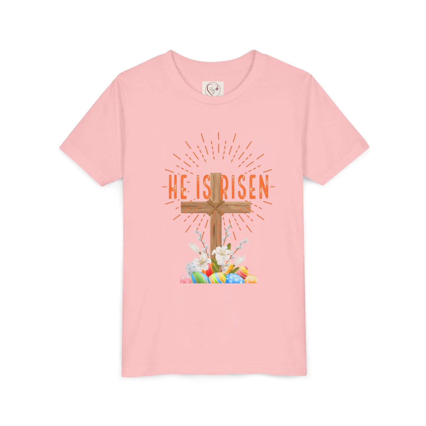 Soft cotton youth tee with wooden cross, lilies, and Happy Easter message. Perfect for church, egg hunts, and Easter celebrations. Sizes S-XL. Pink
