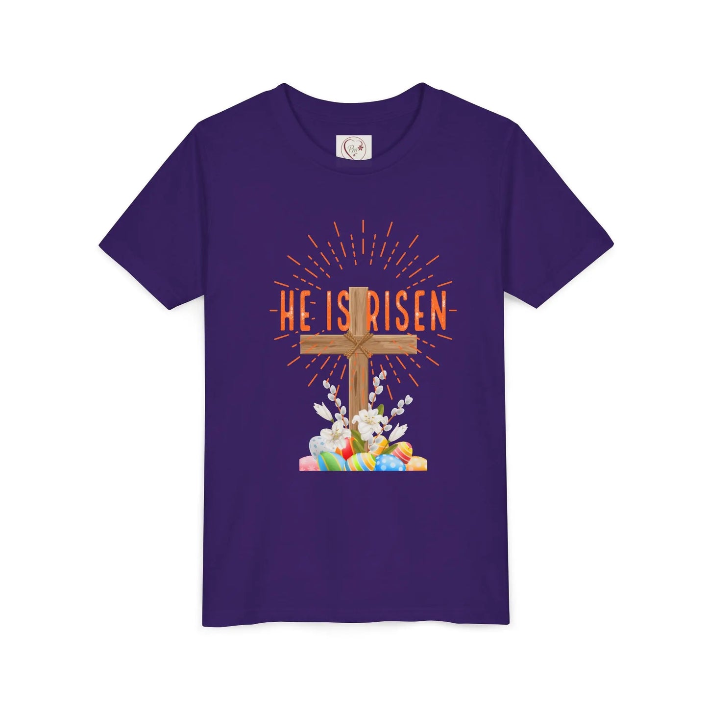 Soft cotton youth tee with wooden cross, lilies, and Happy Easter message. Perfect for church, egg hunts, and Easter celebrations. Sizes S-XL. Team Purple