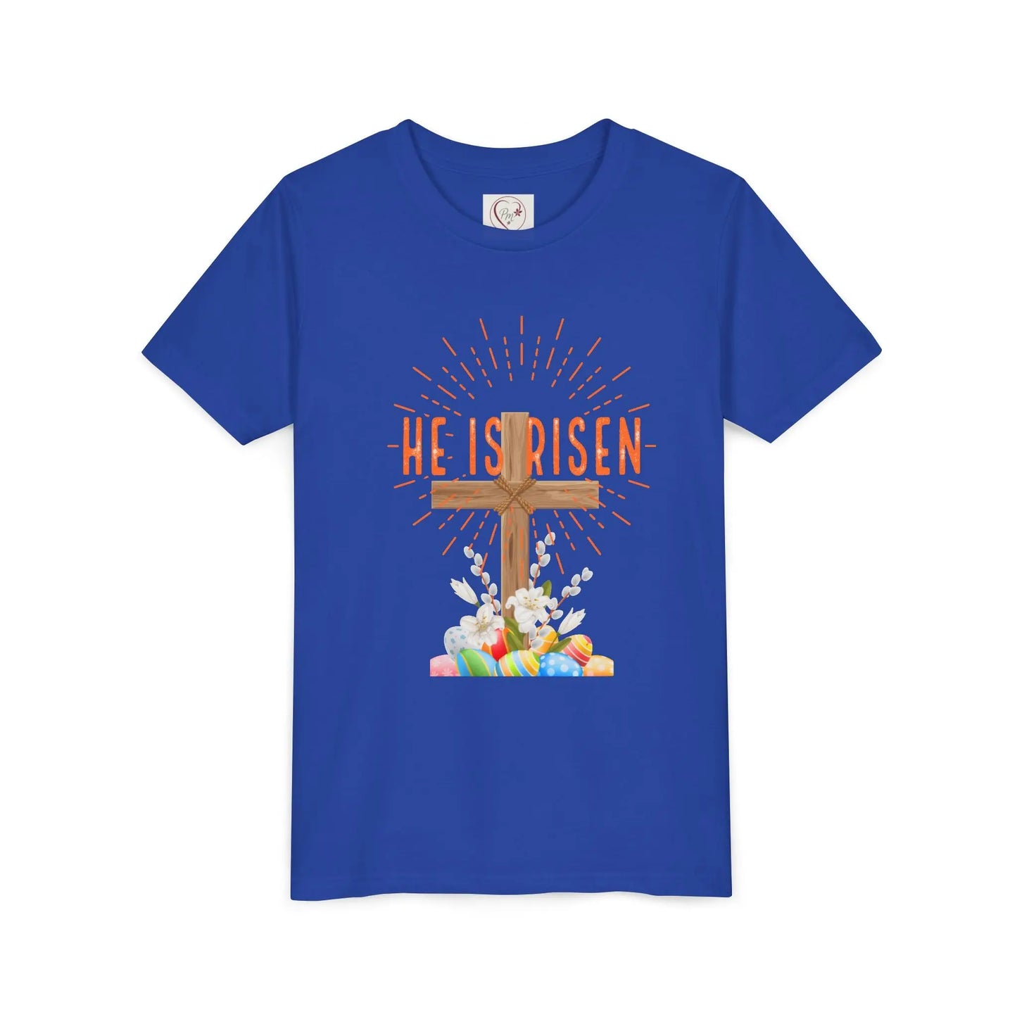 Soft cotton youth tee with wooden cross, lilies, and Happy Easter message. Perfect for church, egg hunts, and Easter celebrations. Sizes S-XL. True Royal
