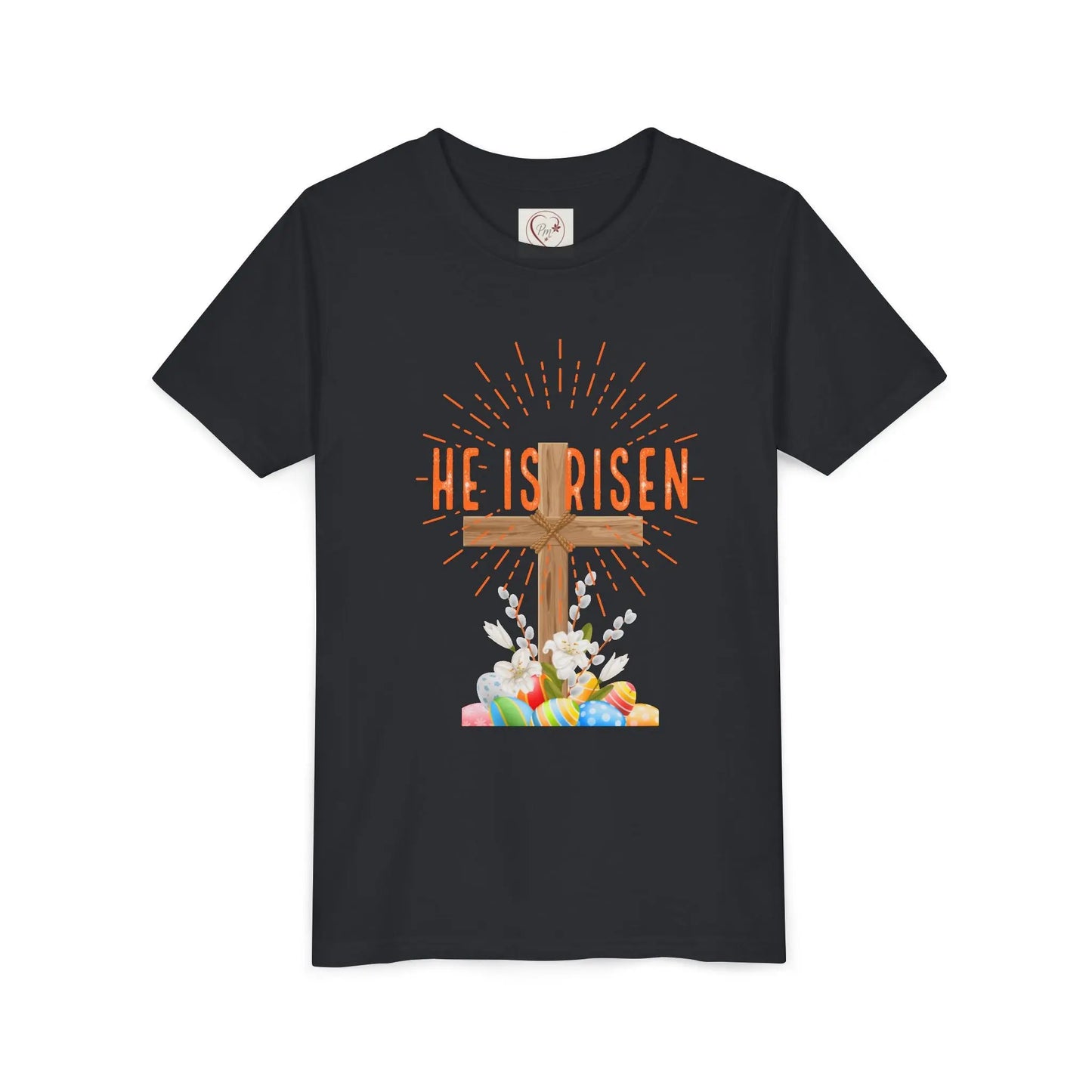 Soft cotton youth tee with wooden cross, lilies, and Happy Easter message. Perfect for church, egg hunts, and Easter celebrations. Sizes S-XL. Vintage Black
