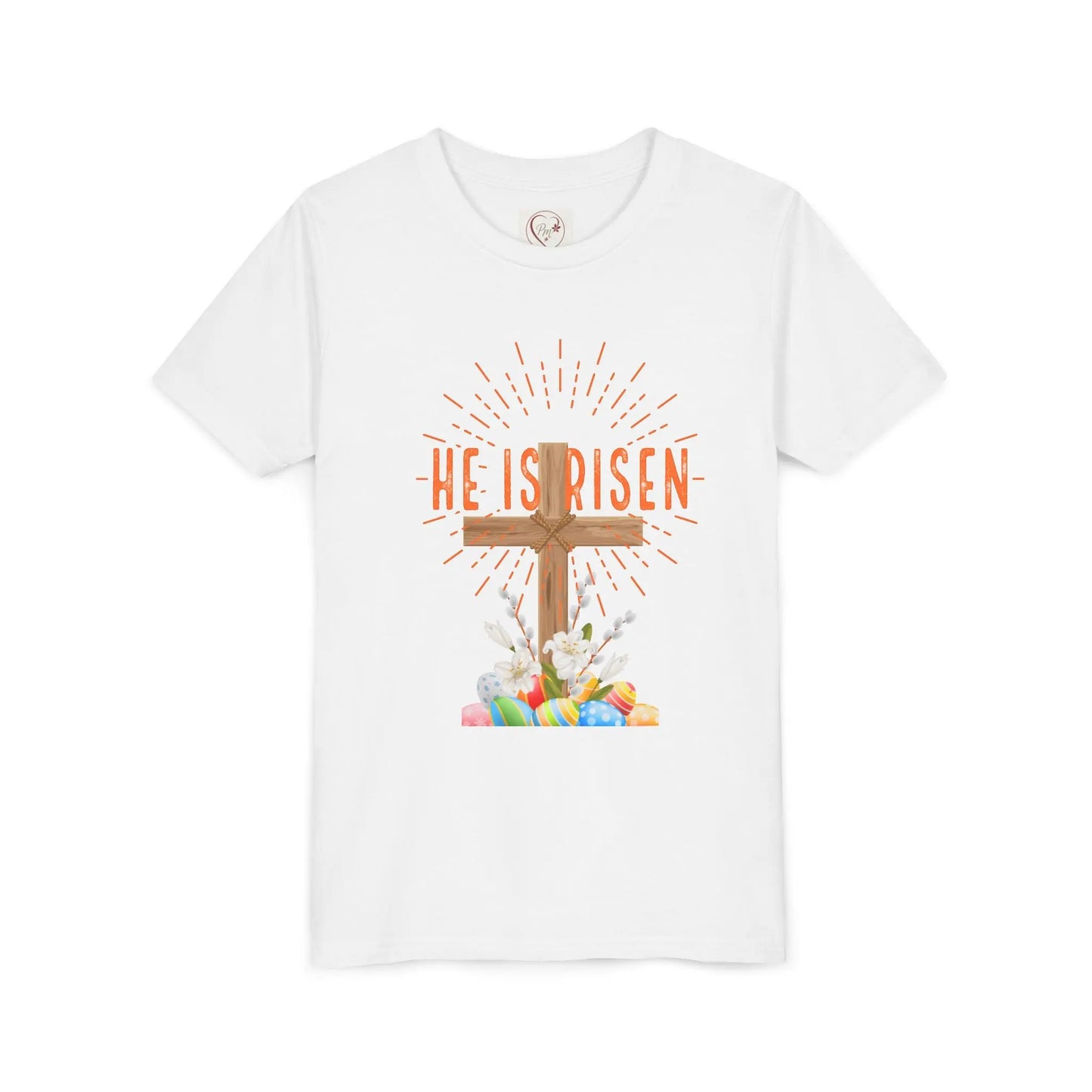 Soft cotton youth tee with wooden cross, lilies, and Happy Easter message. Perfect for church, egg hunts, and Easter celebrations. Sizes S-XL. White
