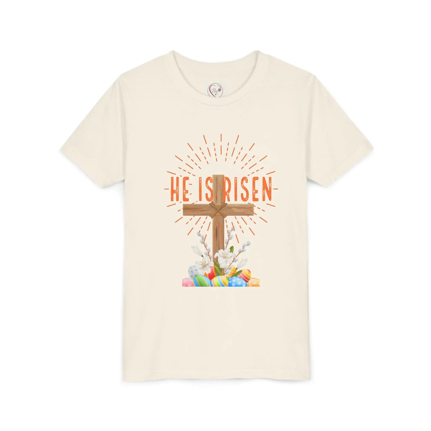 Soft cotton youth tee with wooden cross, lilies, and Happy Easter message. Perfect for church, egg hunts, and Easter celebrations. Sizes S-XL. Natural
