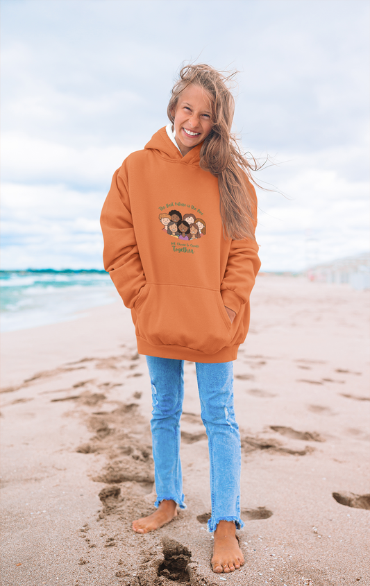 Youth wearing We Belong Together hoodie with diverse group of kids illustration, Orange
