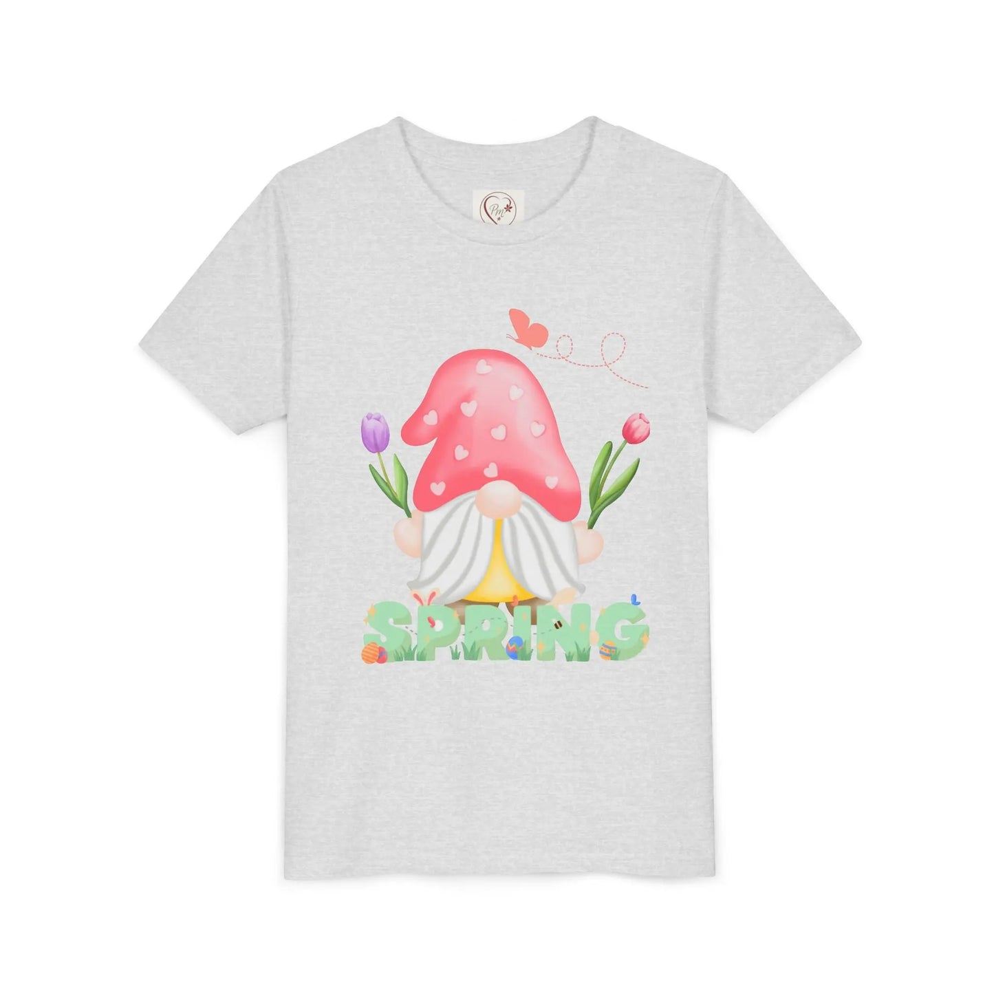 Soft cotton youth tee with mushroom gnome, tulips, and bluebird. Perfect for spring adventures and backyard play. Comfortable and cute. Sizes S-XL. Ash