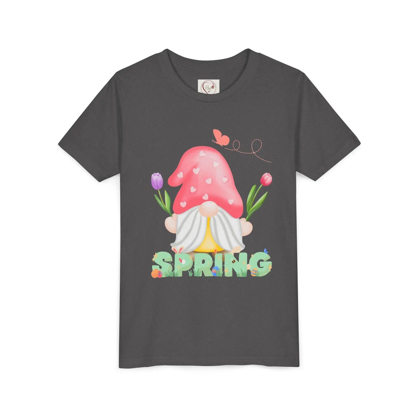 Soft cotton youth tee with mushroom gnome, tulips, and bluebird. Perfect for spring adventures and backyard play. Comfortable and cute. Sizes S-XL. Asphalt