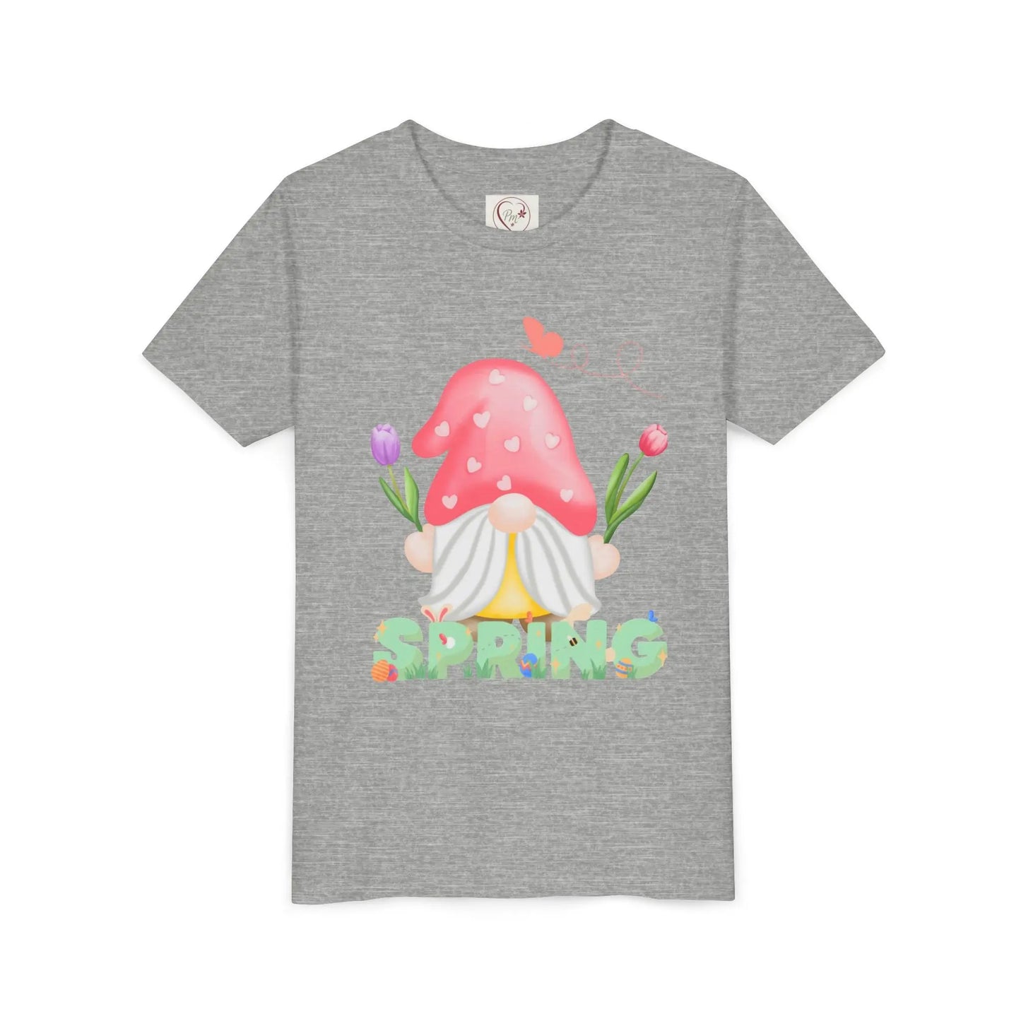 Soft cotton youth tee with mushroom gnome, tulips, and bluebird. Perfect for spring adventures and backyard play. Comfortable and cute. Sizes S-XL. Athletic Heather
