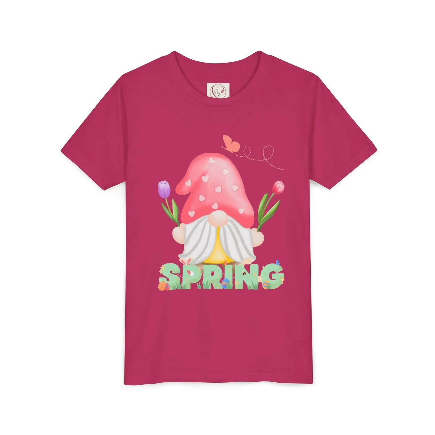 Soft cotton youth tee with mushroom gnome, tulips, and bluebird. Perfect for spring adventures and backyard play. Comfortable and cute. Sizes S-XL. Berry