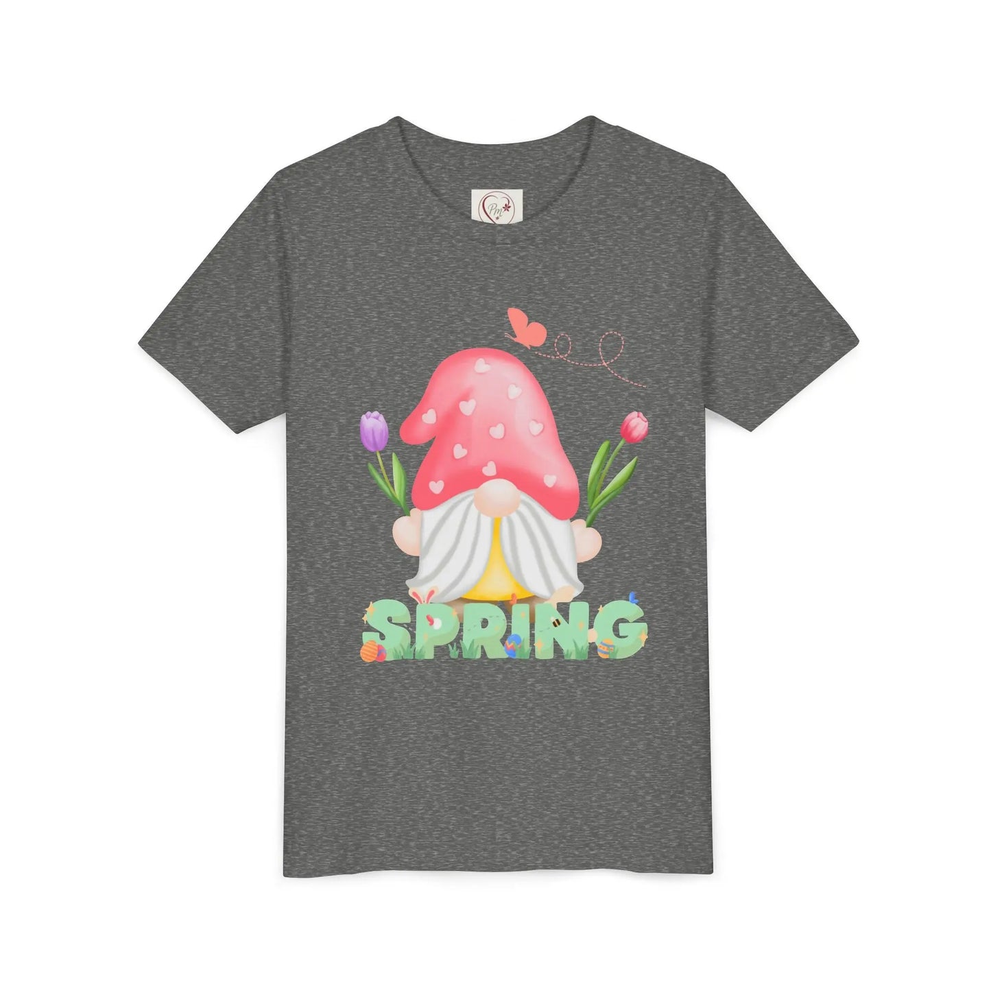 Soft cotton youth tee with mushroom gnome, tulips, and bluebird. Perfect for spring adventures and backyard play. Comfortable and cute. Sizes S-XL. Dark heather Grey
