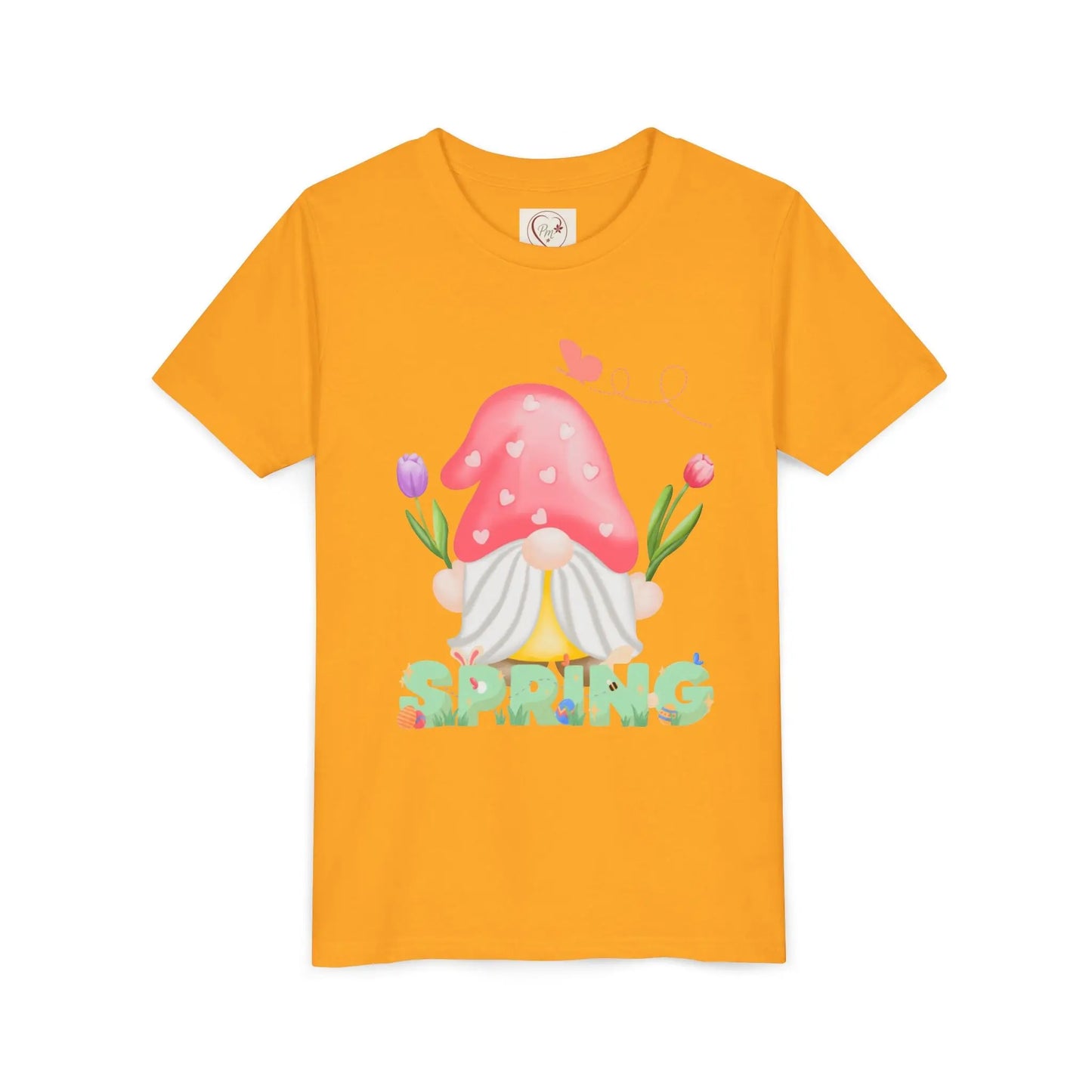 Soft cotton youth tee with mushroom gnome, tulips, and bluebird. Perfect for spring adventures and backyard play. Comfortable and cute. Sizes S-XL. Gold
