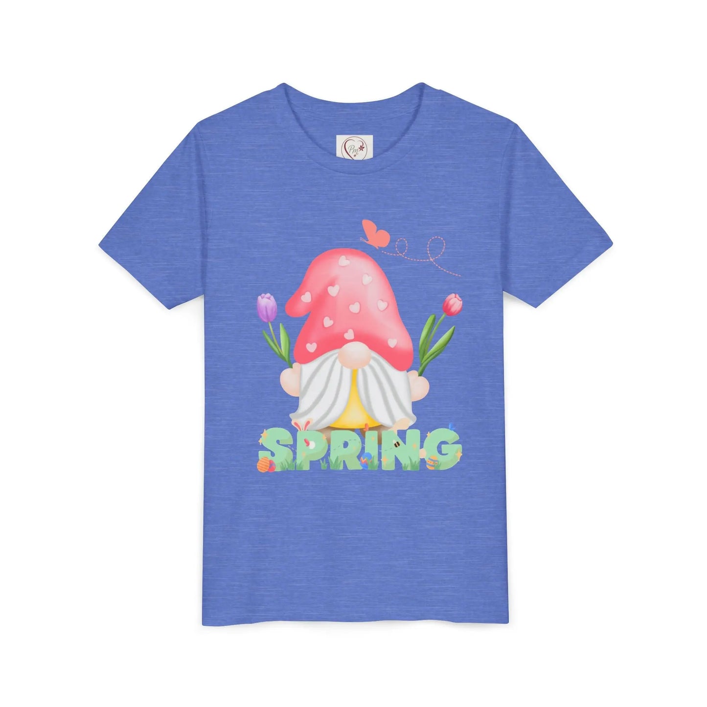 Soft cotton youth tee with mushroom gnome, tulips, and bluebird. Perfect for spring adventures and backyard play. Comfortable and cute. Sizes S-XL. Heather Columbia Blue