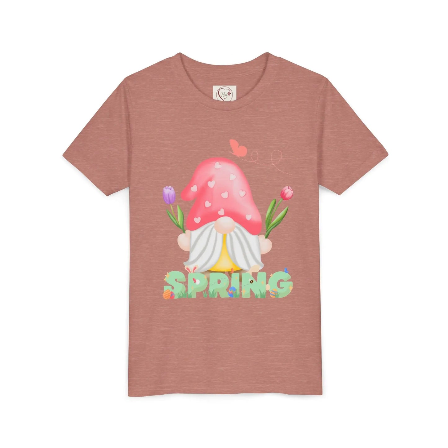 Soft cotton youth tee with mushroom gnome, tulips, and bluebird. Perfect for spring adventures and backyard play. Comfortable and cute. Sizes S-XL. Heather Mauve
