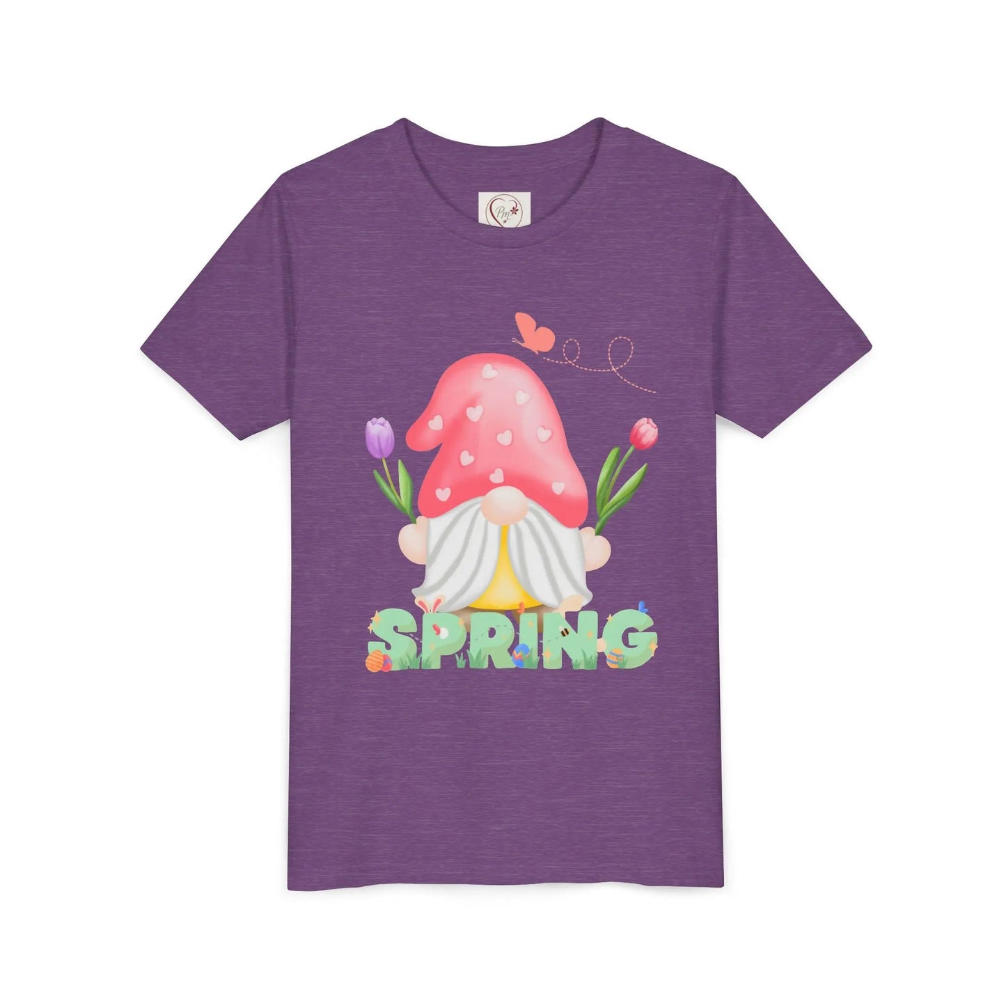 Soft cotton youth tee with mushroom gnome, tulips, and bluebird. Perfect for spring adventures and backyard play. Comfortable and cute. Sizes S-XL. Heather Team Purple
