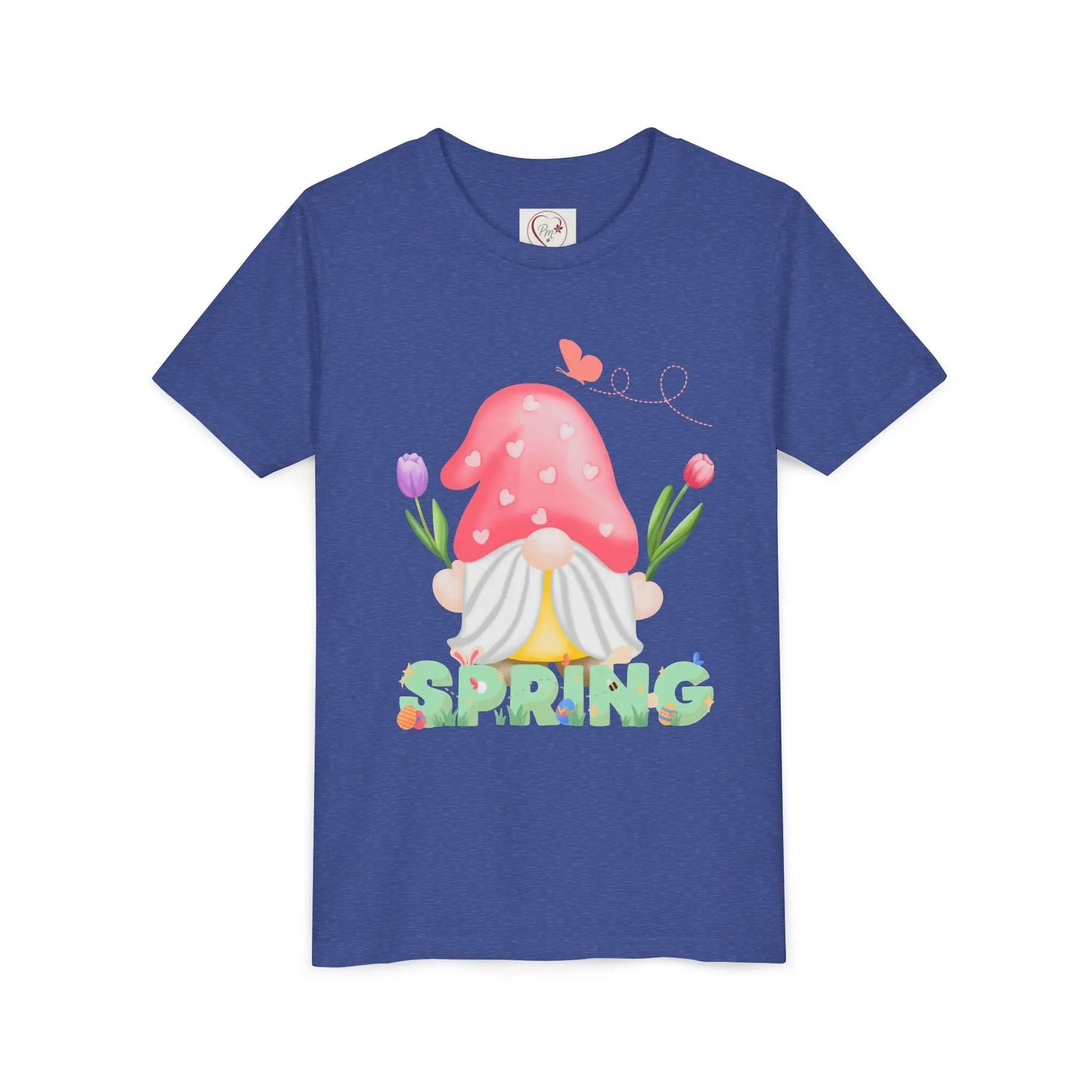 Soft cotton youth tee with mushroom gnome, tulips, and bluebird. Perfect for spring adventures and backyard play. Comfortable and cute. Sizes S-XL. Heather True Royal 
