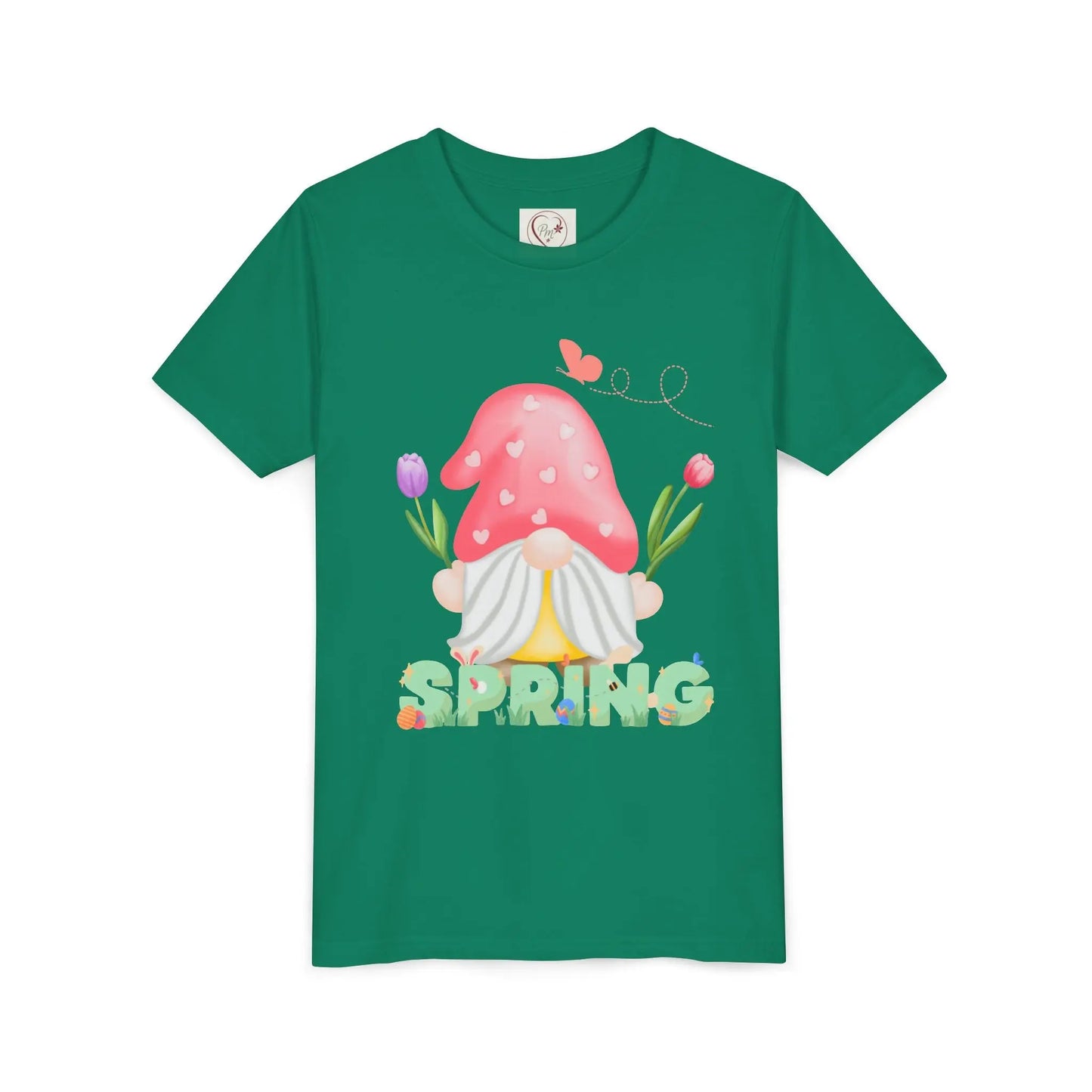 Soft cotton youth tee with mushroom gnome, tulips, and bluebird. Perfect for spring adventures and backyard play. Comfortable and cute. Sizes S-XL. Kelly Green
