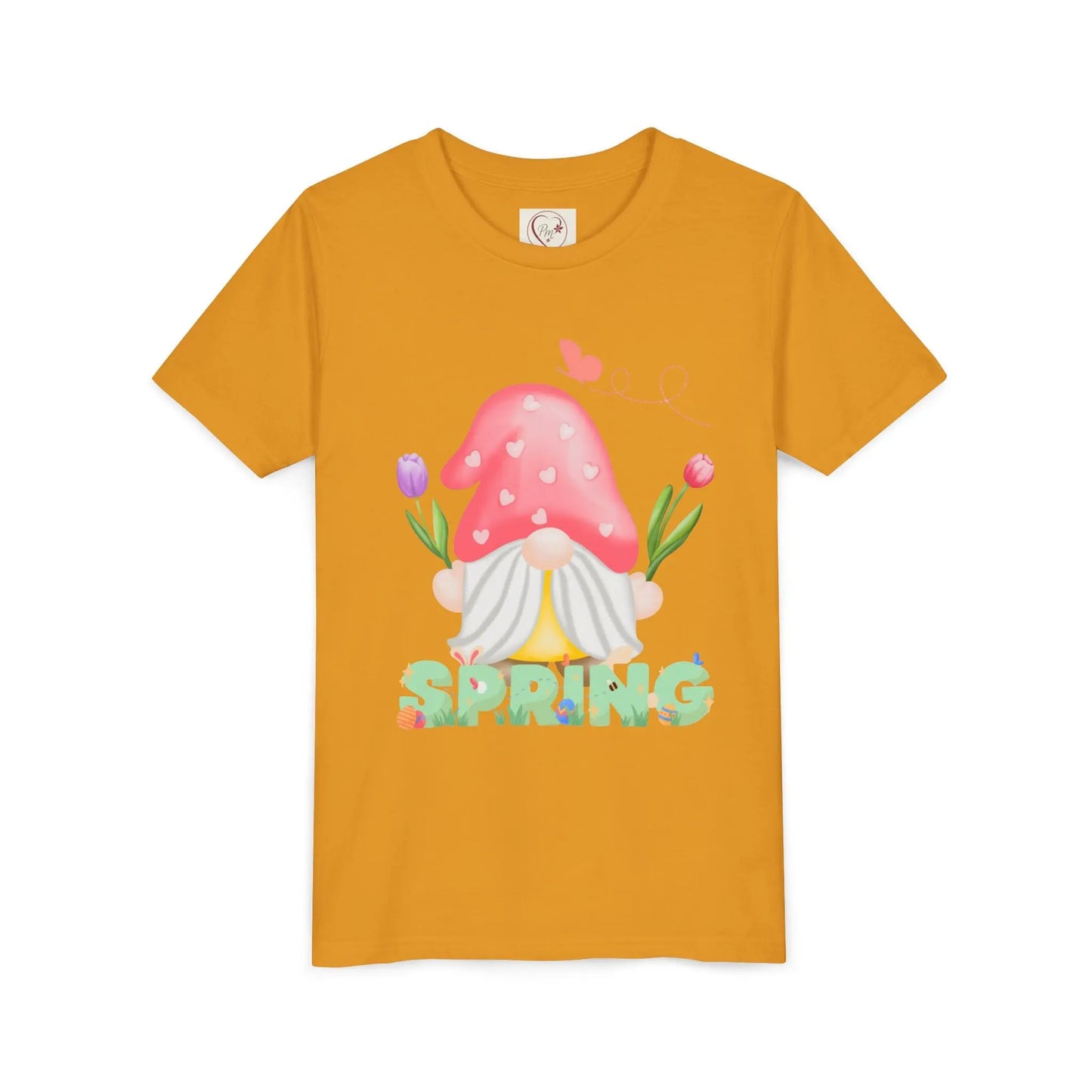 Soft cotton youth tee with mushroom gnome, tulips, and bluebird. Perfect for spring adventures and backyard play. Comfortable and cute. Sizes S-XL. Mustard
