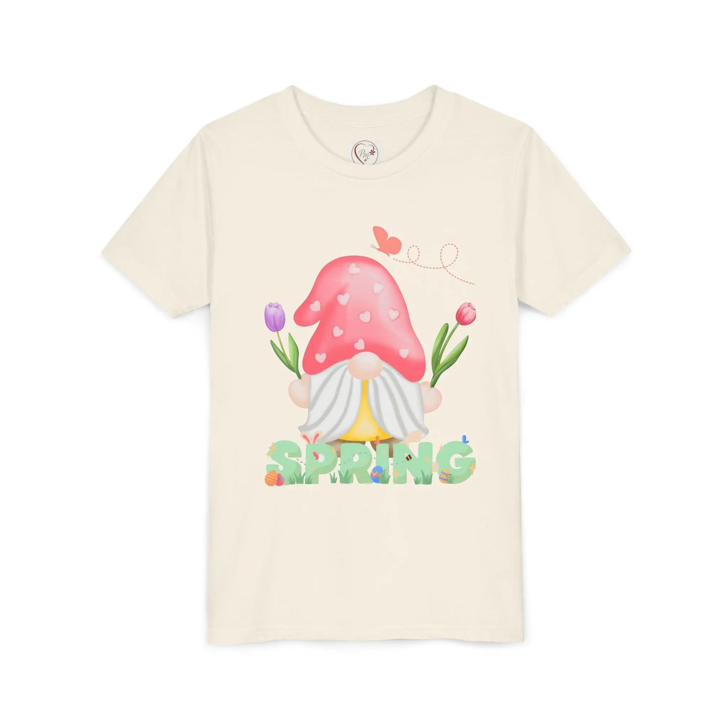Soft cotton youth tee with mushroom gnome, tulips, and bluebird. Perfect for spring adventures and backyard play. Comfortable and cute. Sizes S-XL. natural
