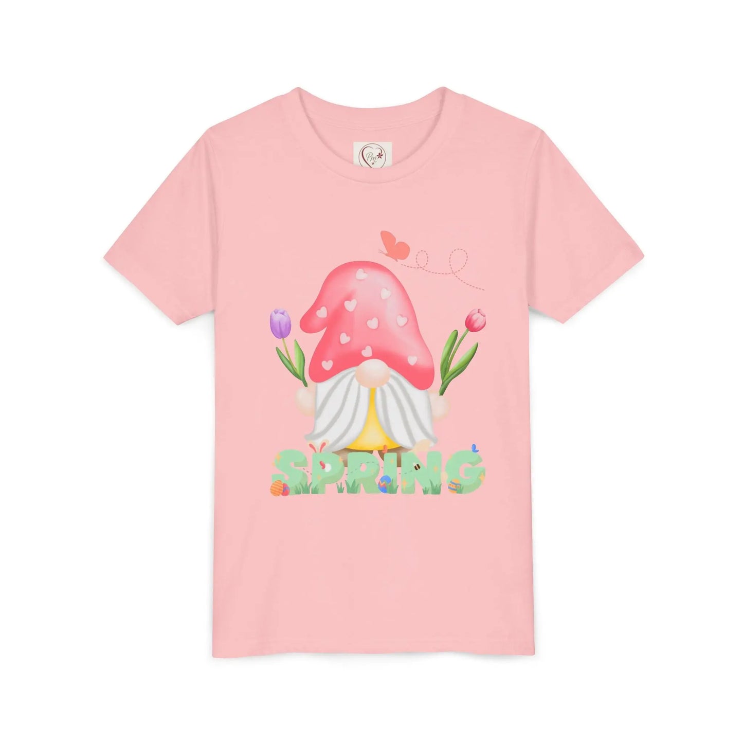 Soft cotton youth tee with mushroom gnome, tulips, and bluebird. Perfect for spring adventures and backyard play. Comfortable and cute. Sizes S-XL. Pink
