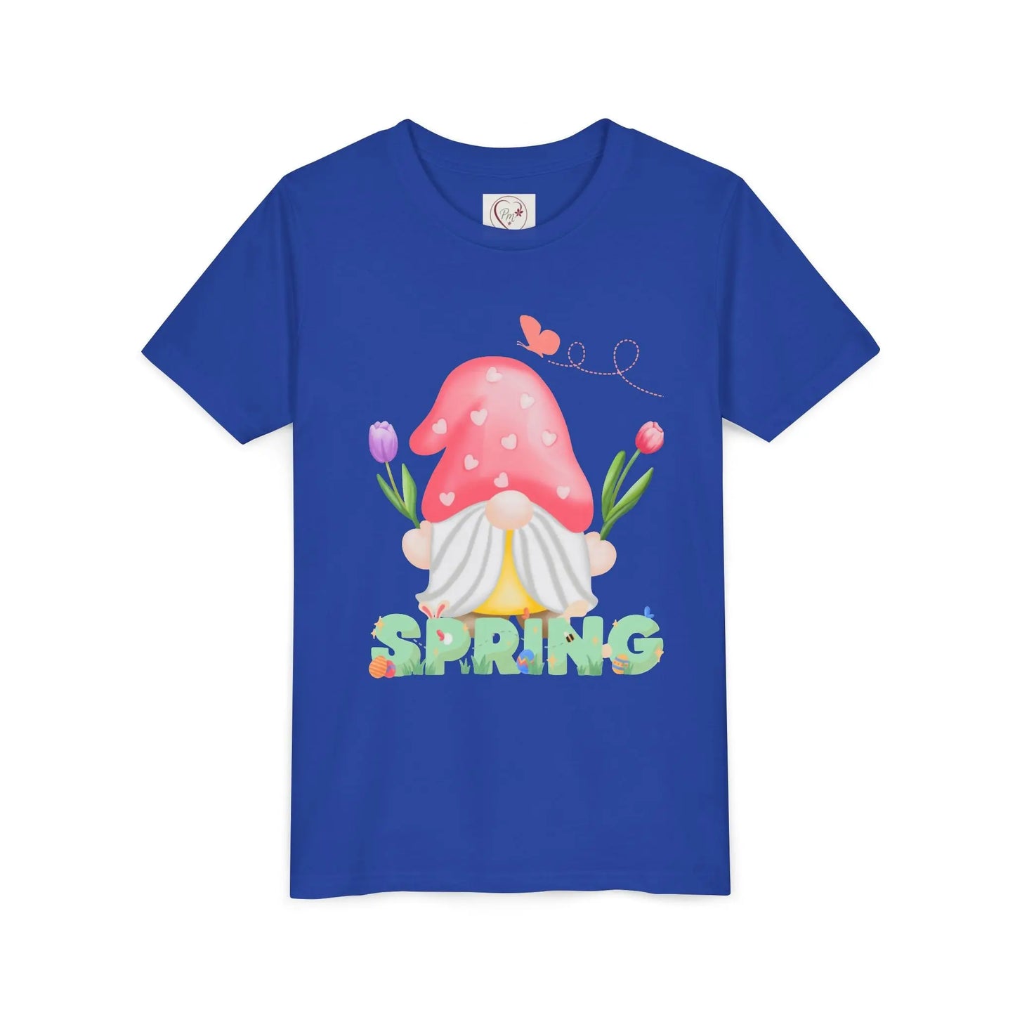 Soft cotton youth tee with mushroom gnome, tulips, and bluebird. Perfect for spring adventures and backyard play. Comfortable and cute. Sizes S-XL. True Royal