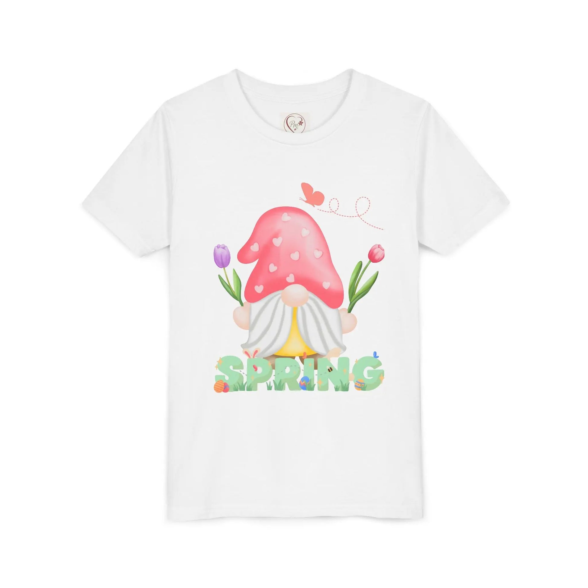 Soft cotton youth tee with mushroom gnome, tulips, and bluebird. Perfect for spring adventures and backyard play. Comfortable and cute. Sizes S-XL. White