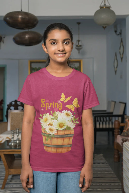 Youth wearing Hello Spring tee with wooden bucket of daisies and butterflies, Berry
