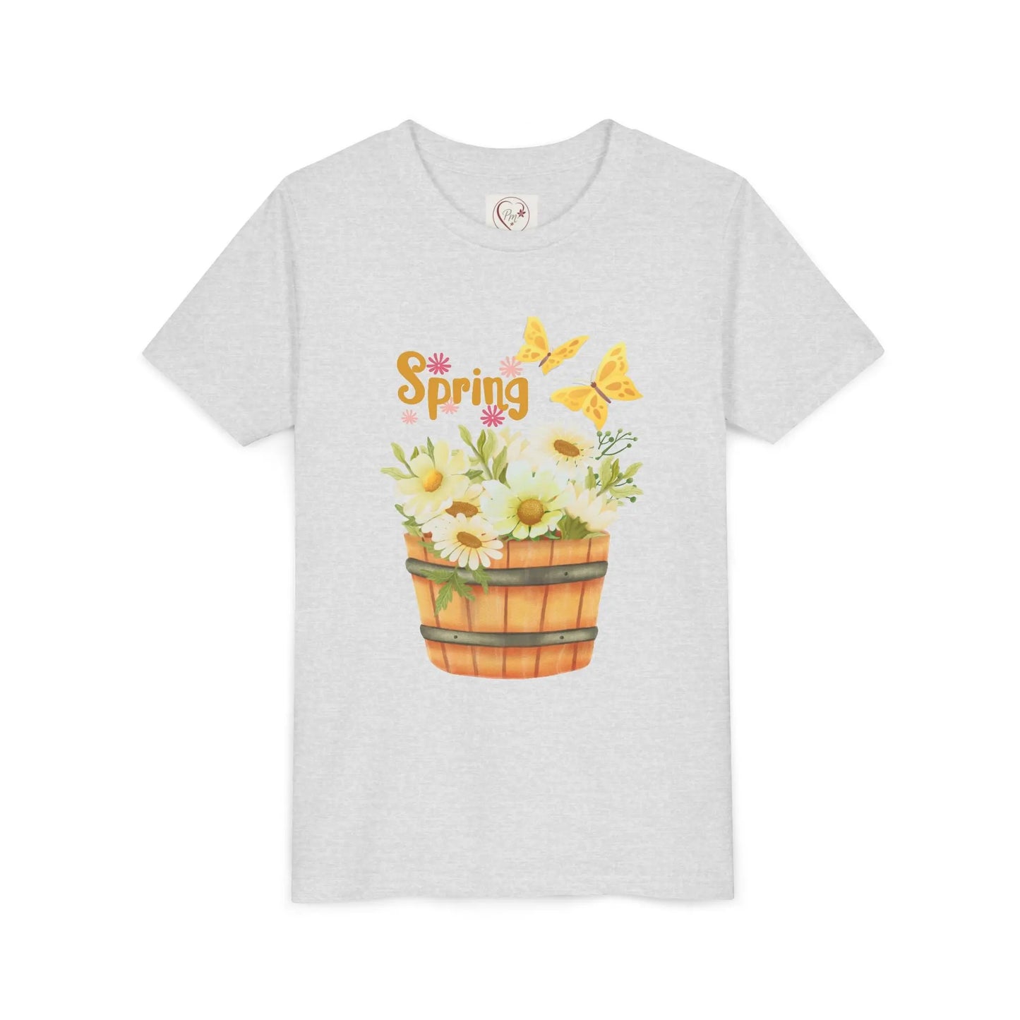 Soft cotton youth tee with wooden bucket of daisies, butterflies, and Hello Spring lettering. Perfect for spring celebrations. Sizes S-XL. Ash