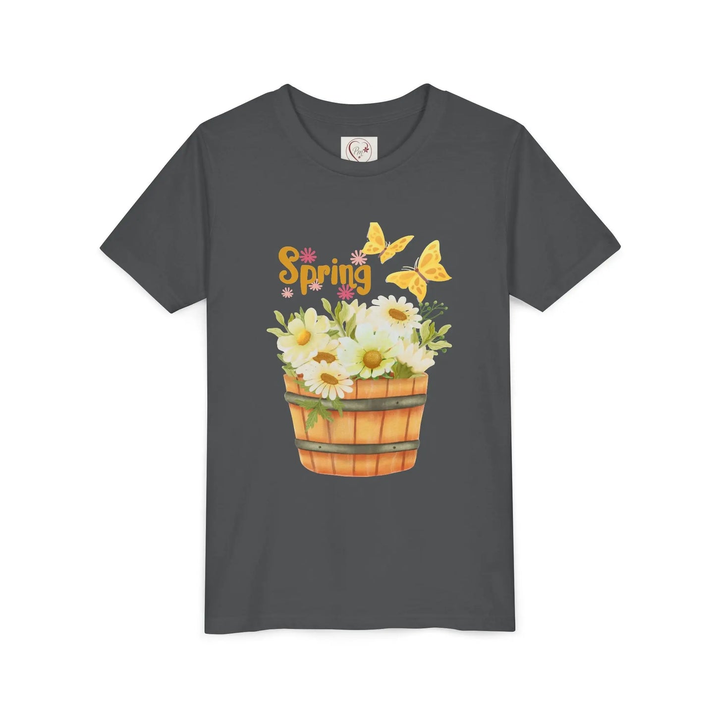 Soft cotton youth tee with wooden bucket of daisies, butterflies, and Hello Spring lettering. Perfect for spring celebrations. Sizes S-XL. Asphalt