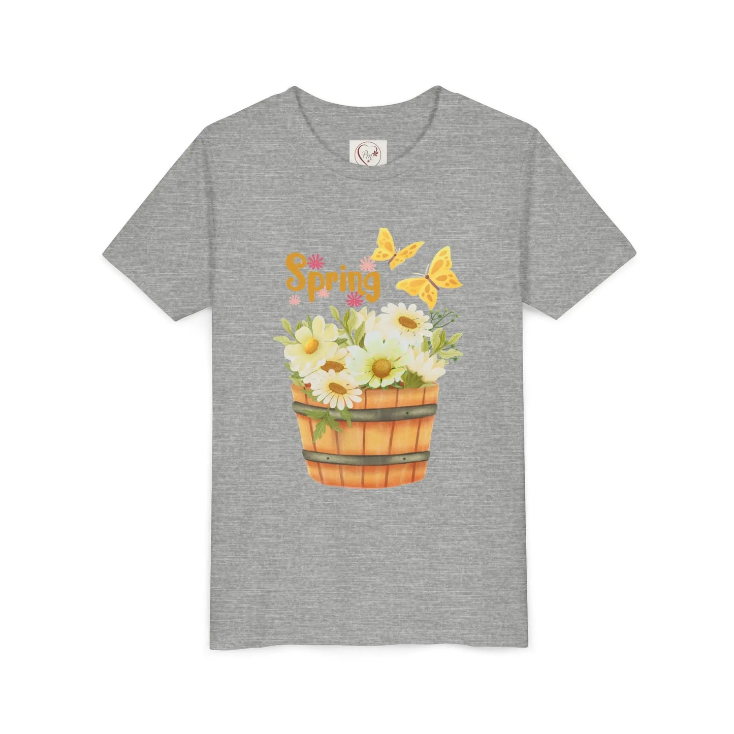 Soft cotton youth tee with wooden bucket of daisies, butterflies, and Hello Spring lettering. Perfect for spring celebrations. Sizes S-XL. Athletic Heather