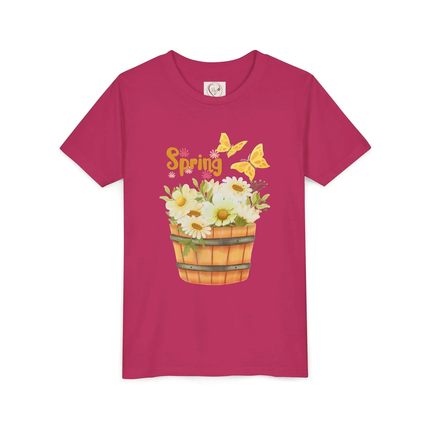 Soft cotton youth tee with wooden bucket of daisies, butterflies, and Hello Spring lettering. Perfect for spring celebrations. Sizes S-XL. Berry