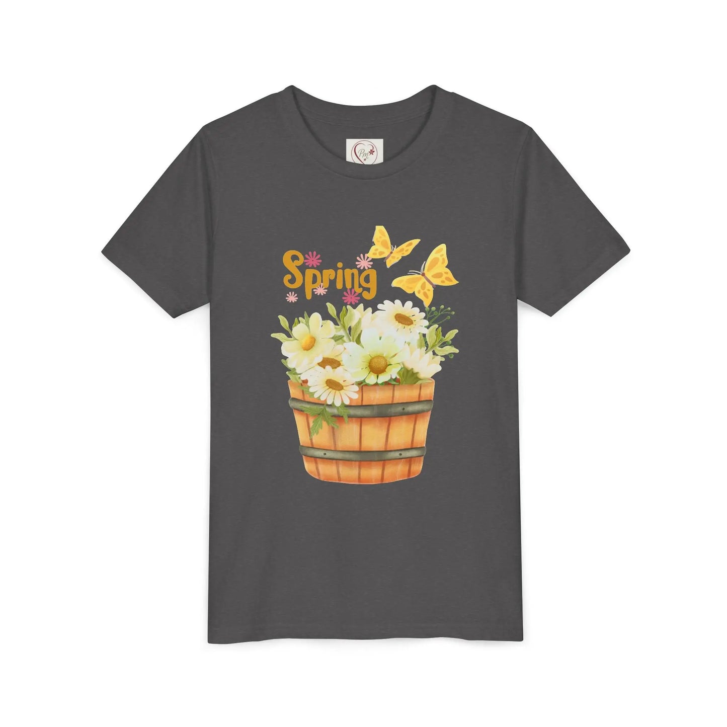 Soft cotton youth tee with wooden bucket of daisies, butterflies, and Hello Spring lettering. Perfect for spring celebrations. Sizes S-XL. Dark Grey Heather