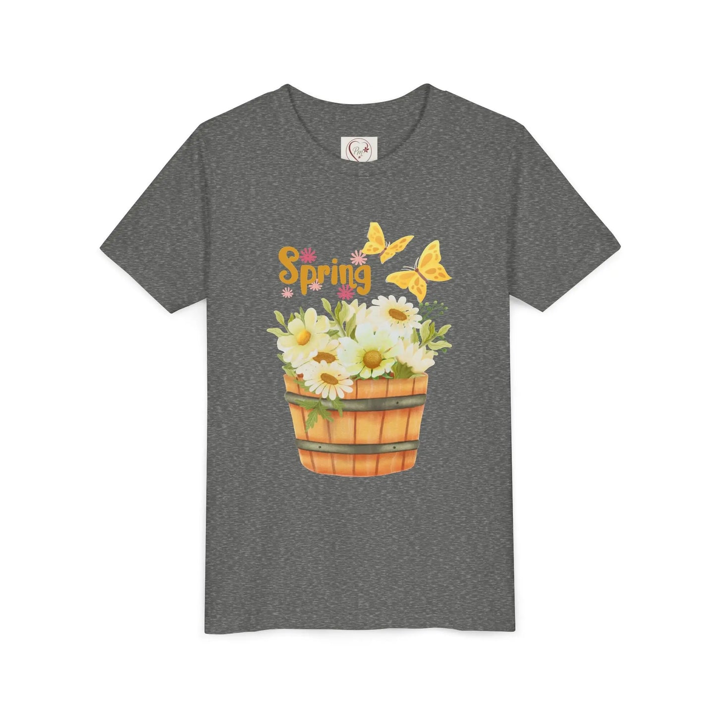 Soft cotton youth tee with wooden bucket of daisies, butterflies, and Hello Spring lettering. Perfect for spring celebrations. Sizes S-XL. Deep Heather