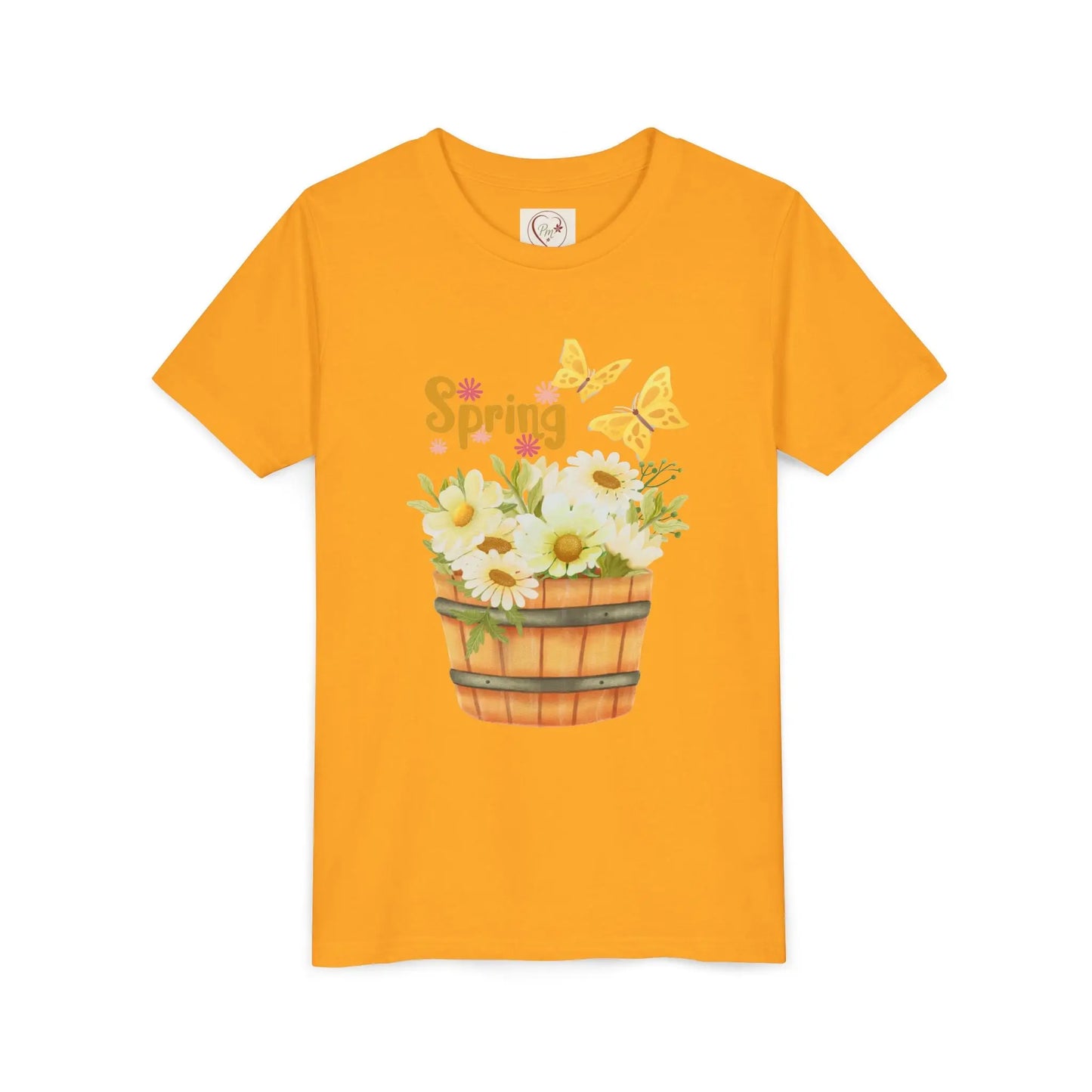 Soft cotton youth tee with wooden bucket of daisies, butterflies, and Hello Spring lettering. Perfect for spring celebrations. Sizes S-XL. Gold