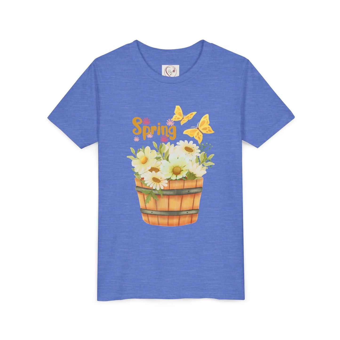 Soft cotton youth tee with wooden bucket of daisies, butterflies, and Hello Spring lettering. Perfect for spring celebrations. Sizes S-XL. Heather Columbia Blue