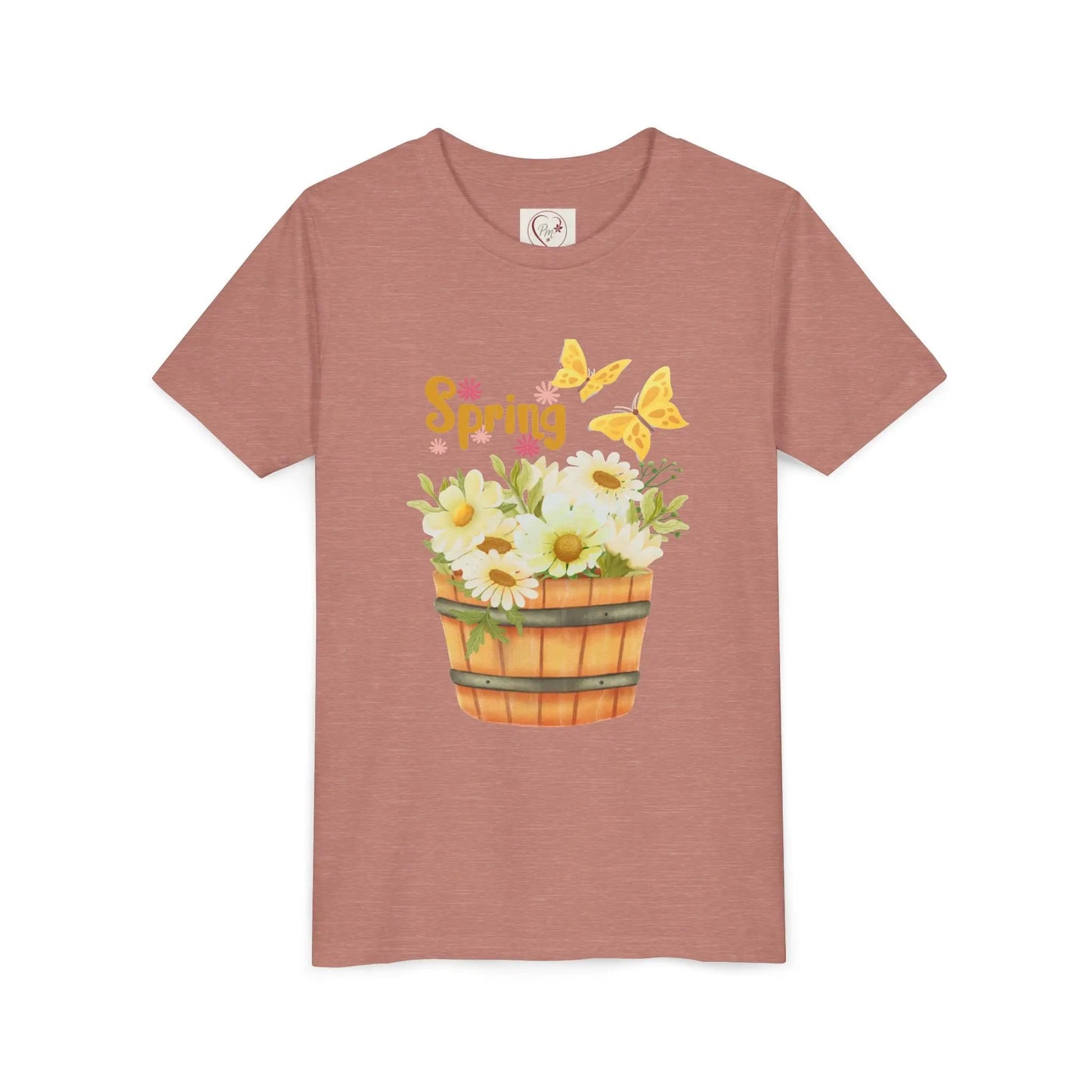 Soft cotton youth tee with wooden bucket of daisies, butterflies, and Hello Spring lettering. Perfect for spring celebrations. Sizes S-XL. Heather Mauve