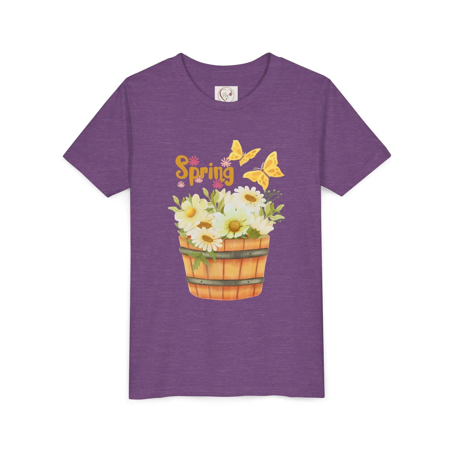 Soft cotton youth tee with wooden bucket of daisies, butterflies, and Hello Spring lettering. Perfect for spring celebrations. Sizes S-XL. Heather Team Purple
