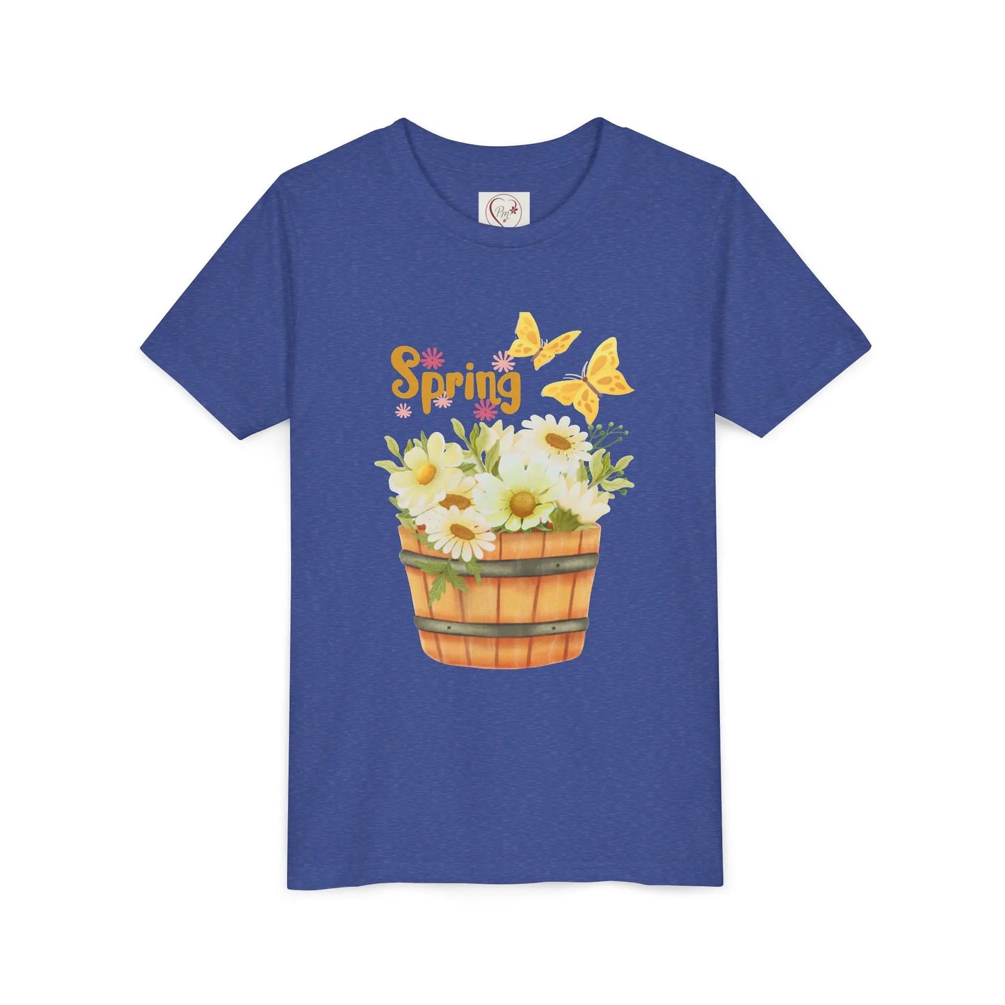 Soft cotton youth tee with wooden bucket of daisies, butterflies, and Hello Spring lettering. Perfect for spring celebrations. Sizes S-XL. Heather True Royal